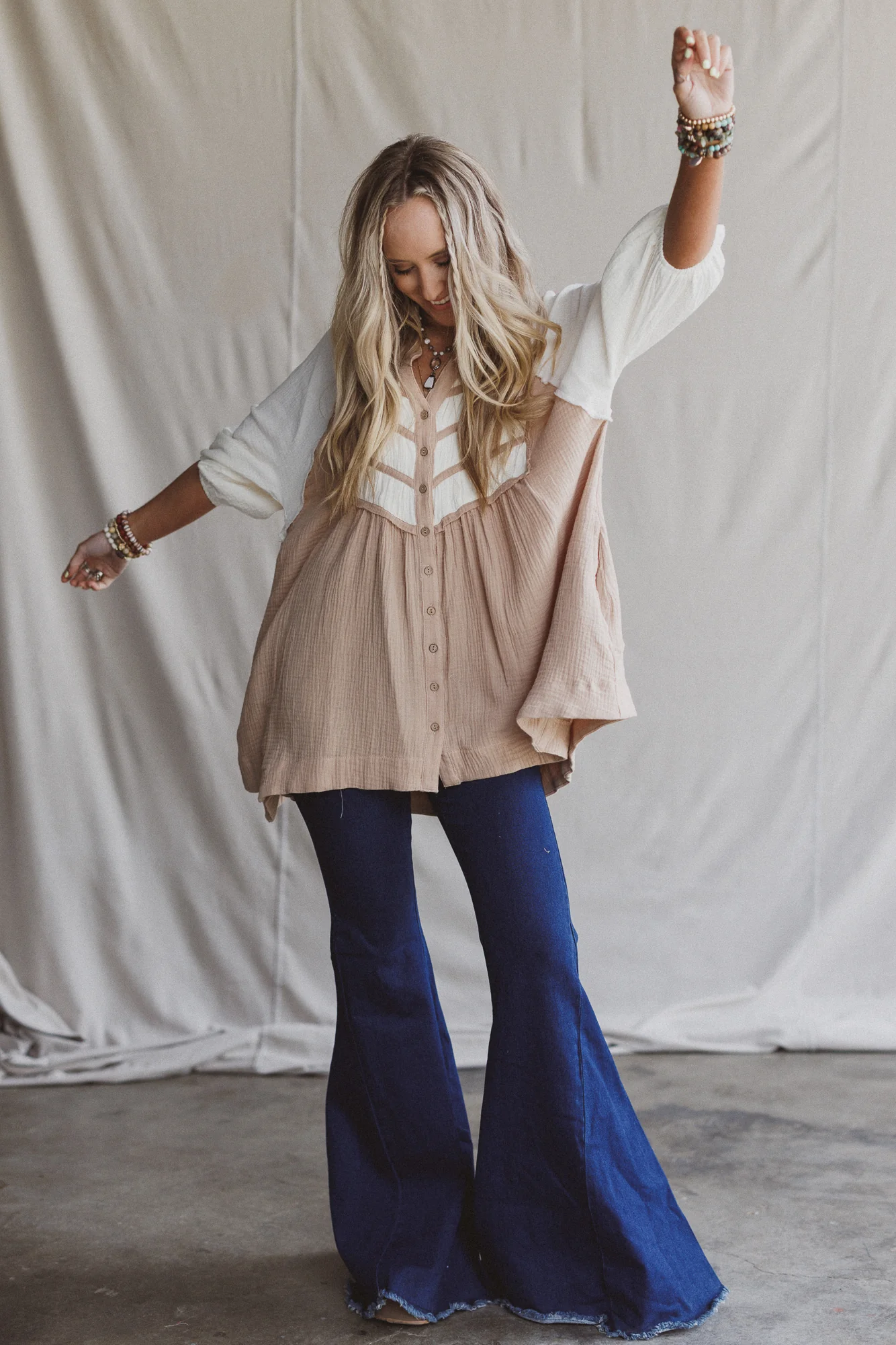 Divided Lines Button Down Tunic - Taupe - Image 2