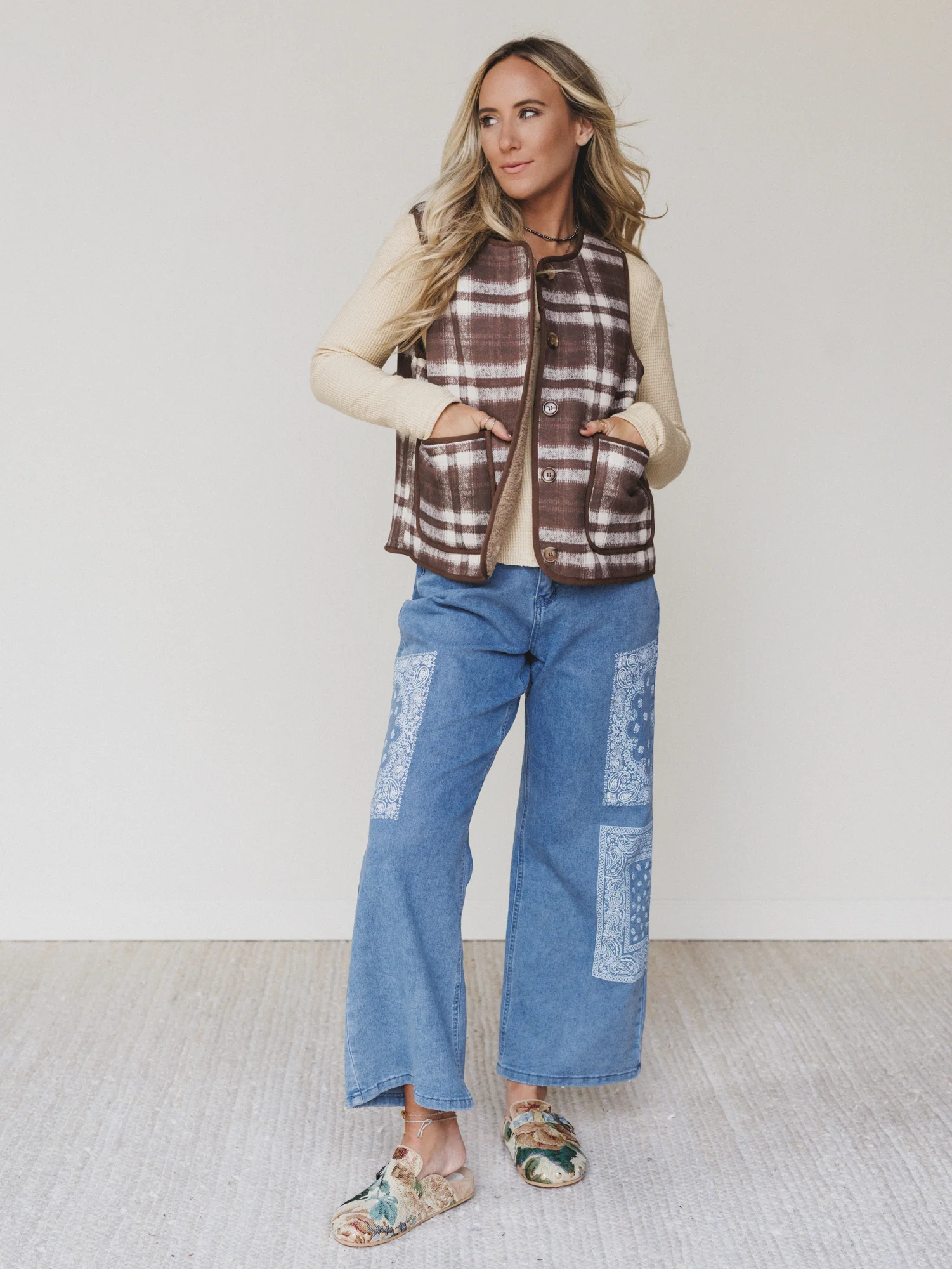 Driftwood Plaid Reversible Vest - Mocha - Image 3
