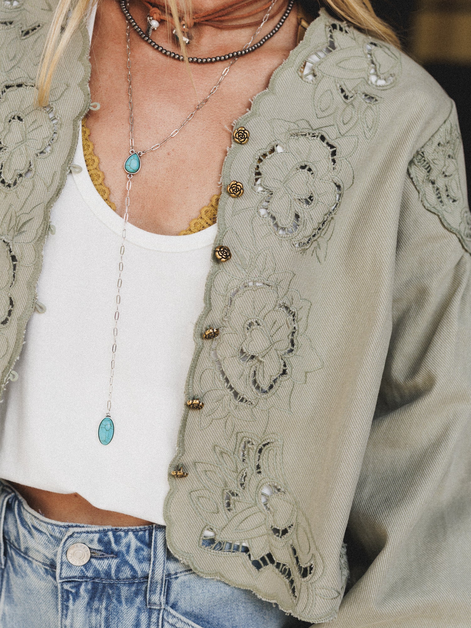 Extra Touch Embroidered Denim Jacket - Olive - Image 2