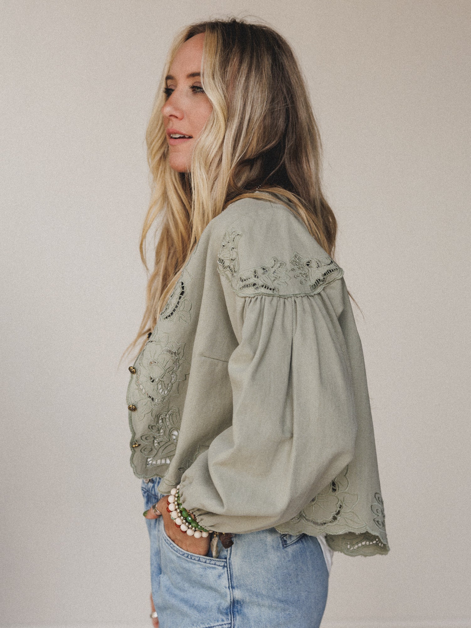 Extra Touch Embroidered Denim Jacket - Olive - Image 3