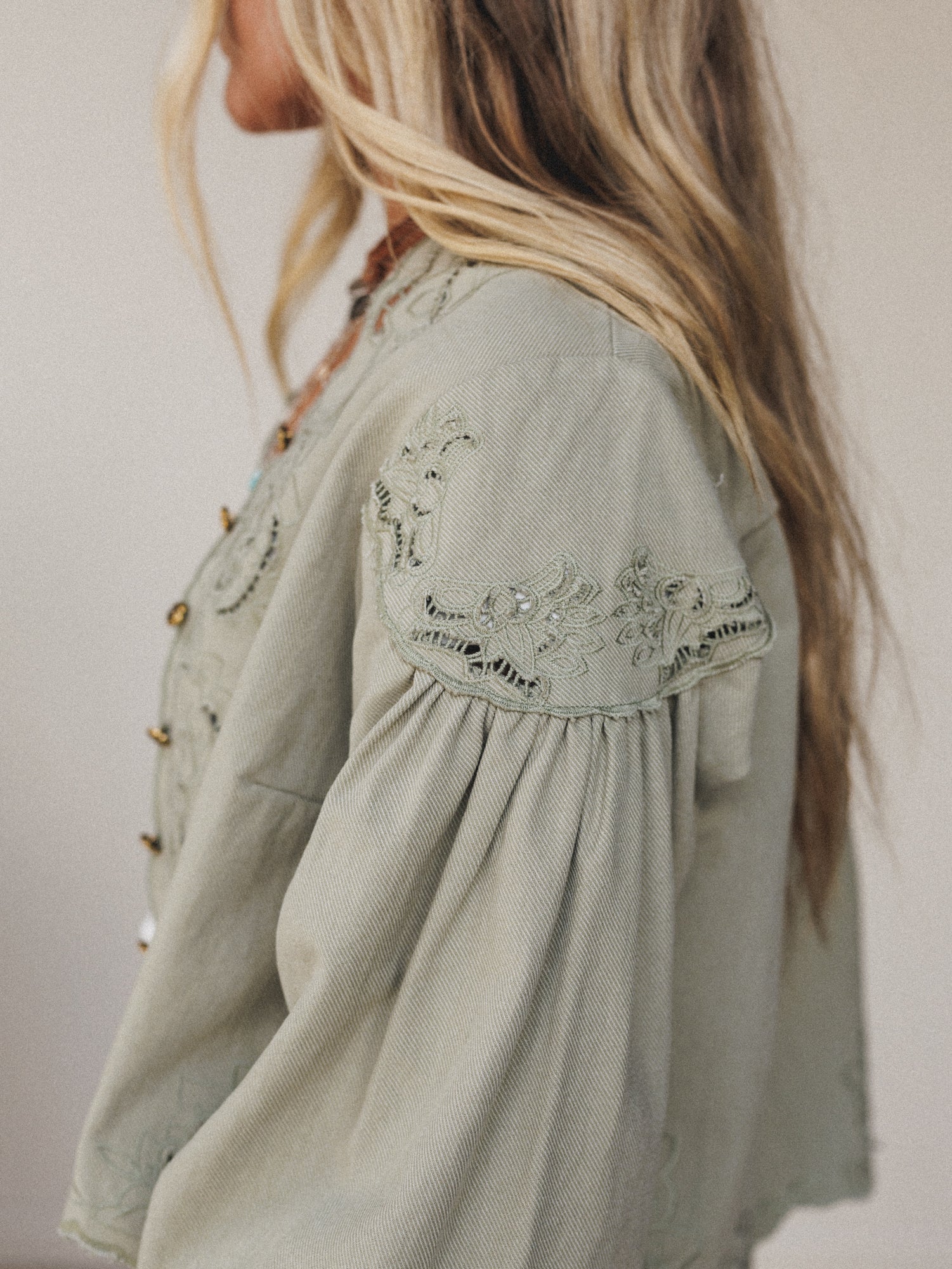 Extra Touch Embroidered Denim Jacket - Olive - Image 4