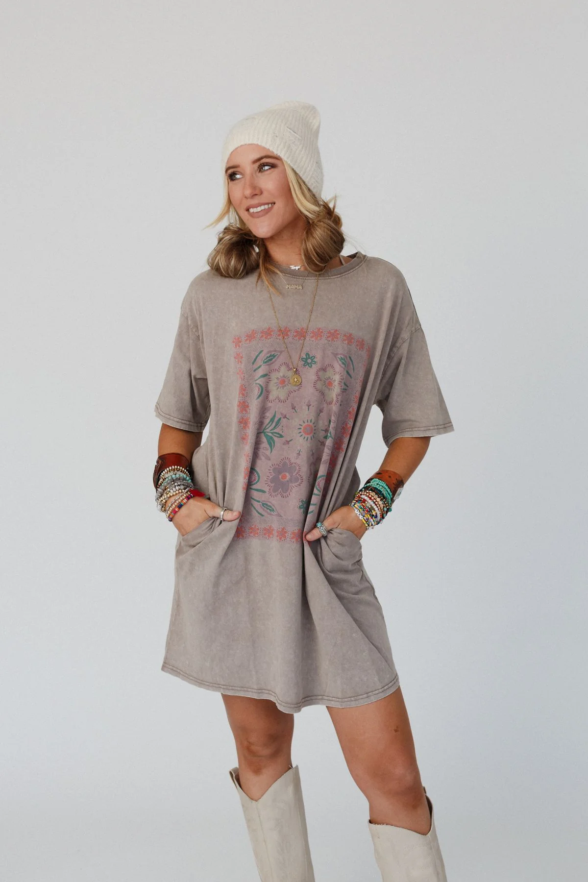 Fall Blossoms Tee Dress - Mocha - Image 4