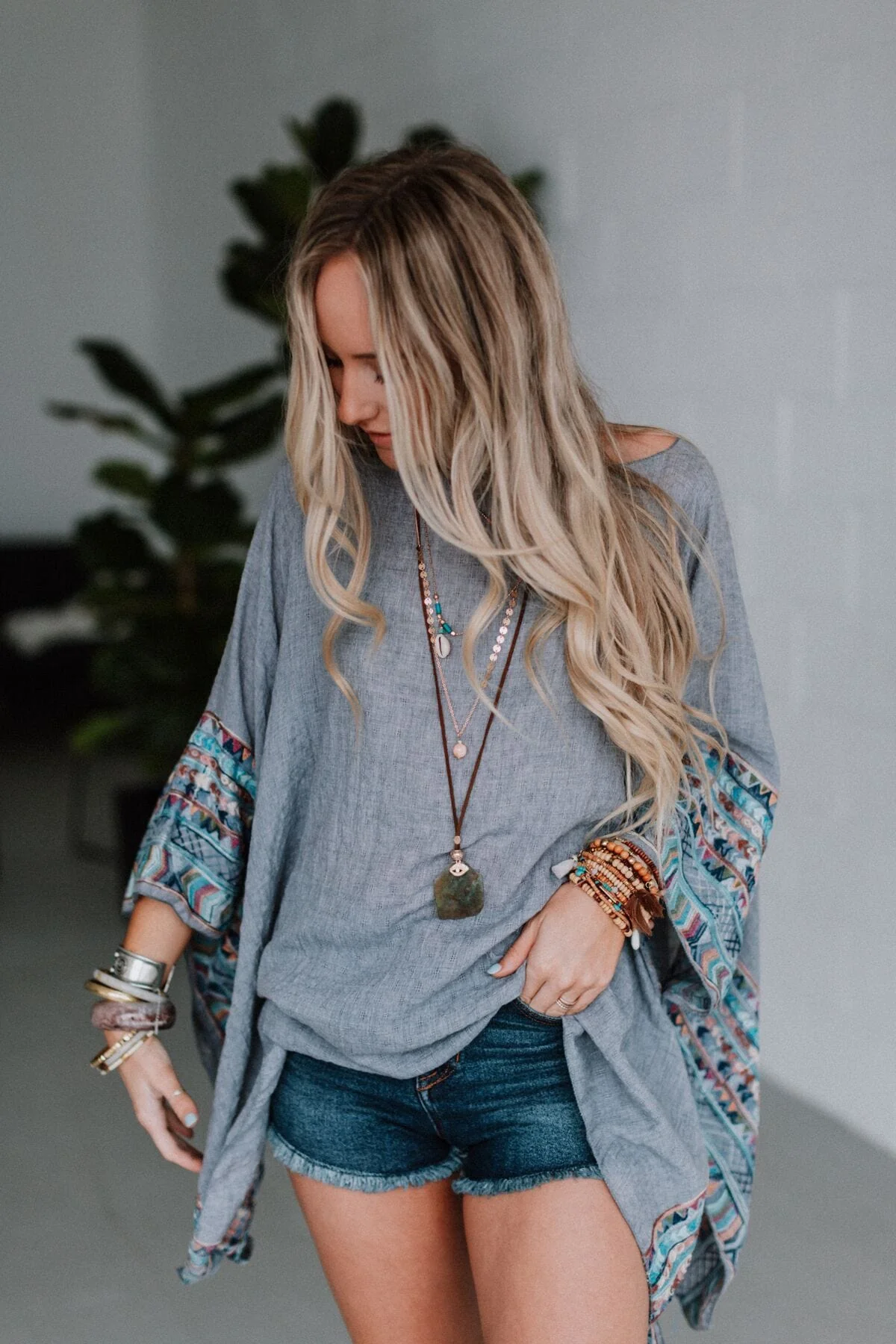 Fallon Embroidered Sleeve Poncho - Gray - Image 3