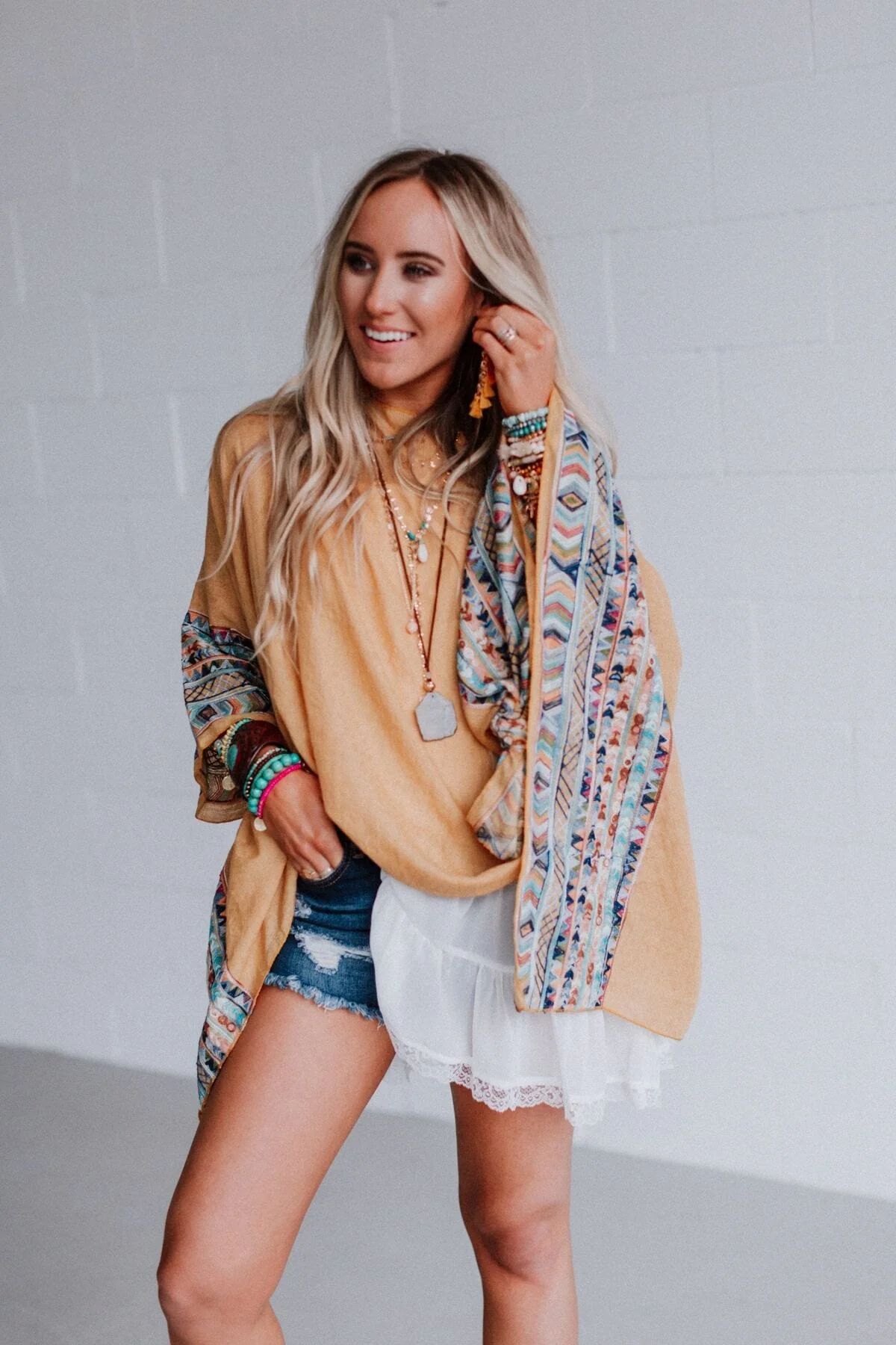 Fallon Embroidered Sleeve Poncho - Mustard - Image 6