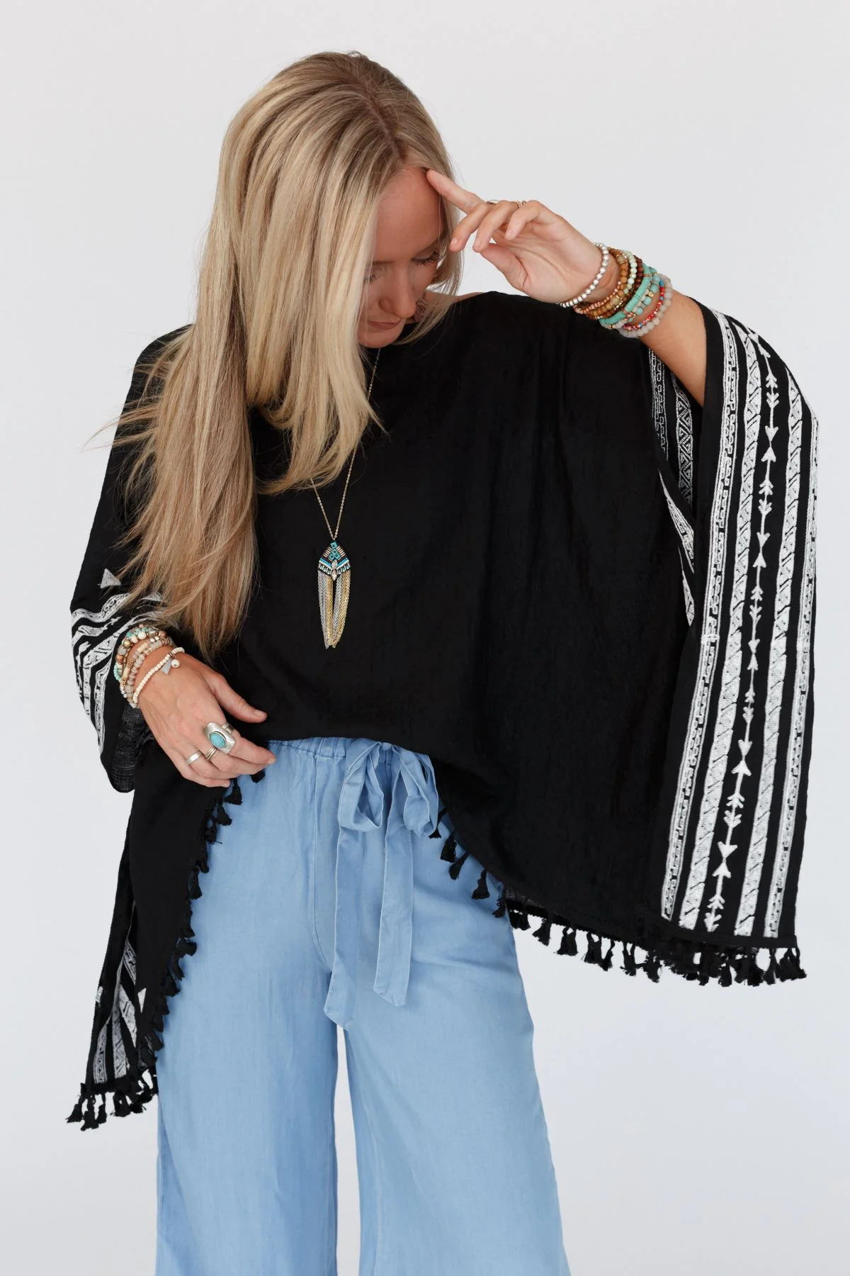 Fallon Embroidered Sleeve Tassel Poncho - Black - Image 7