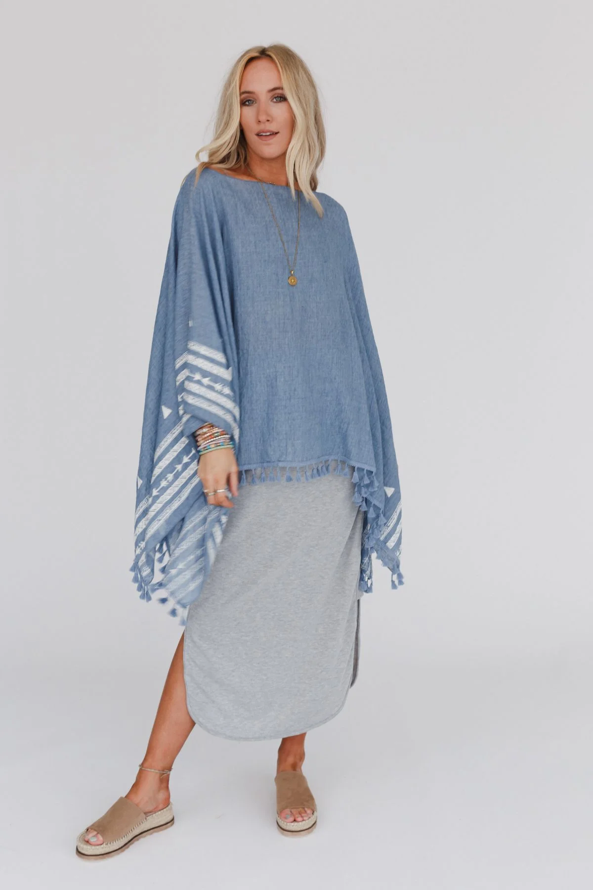 Fallon Embroidered Sleeve Tassel Poncho - Blue - Image 6