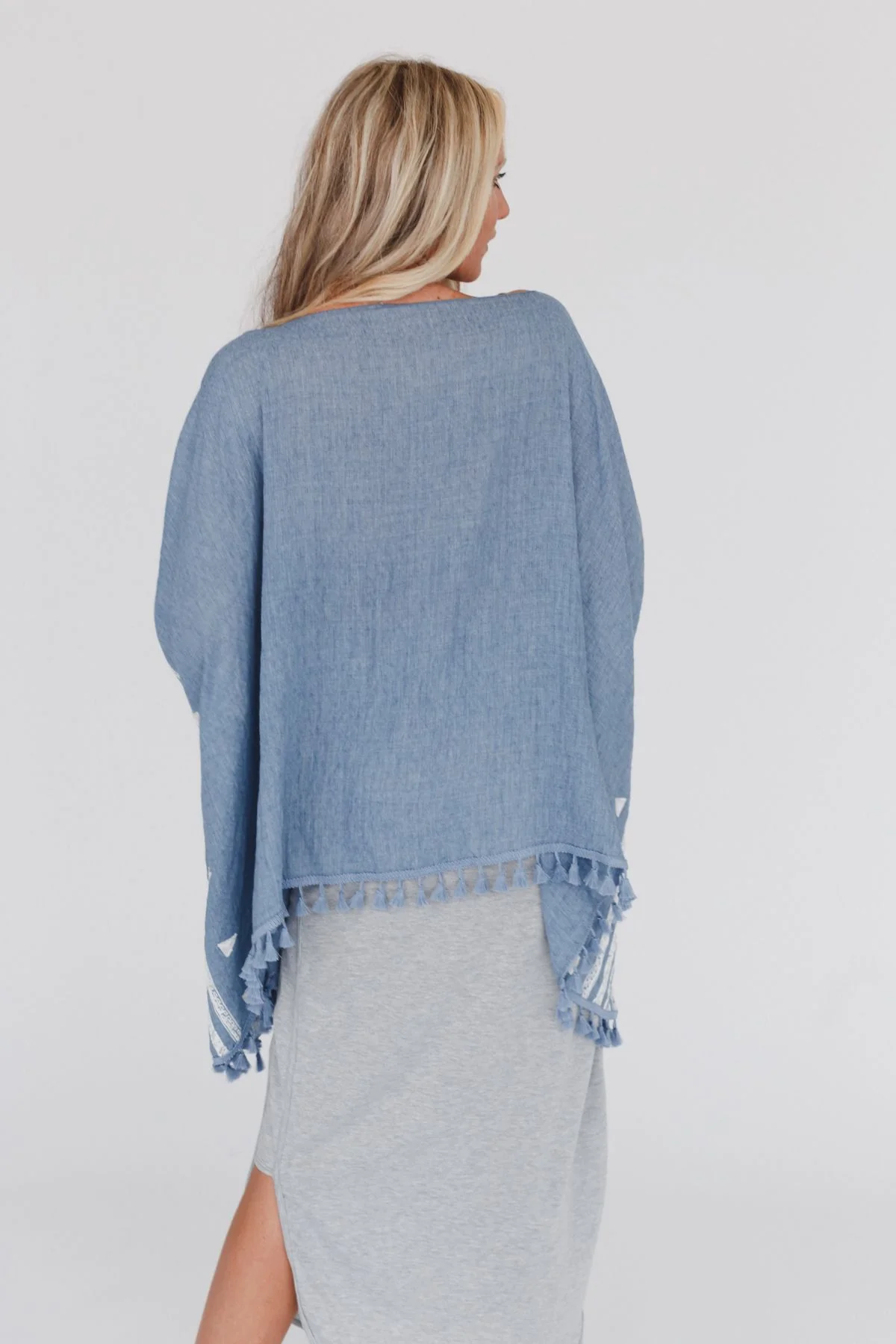 Fallon Embroidered Sleeve Tassel Poncho - Blue - Image 8