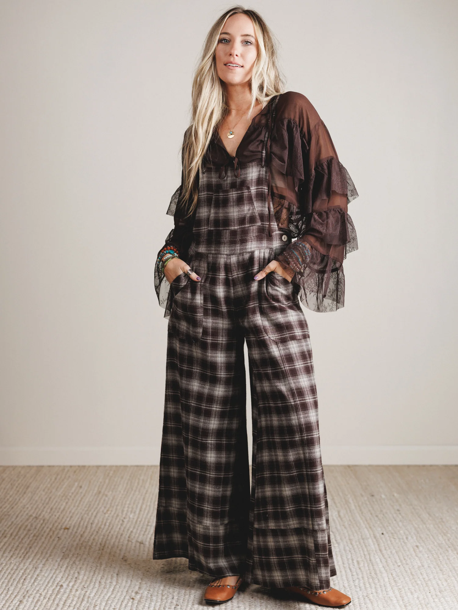 Favorite Flannel Wide Leg Overalls - Chocolate - Pre Order