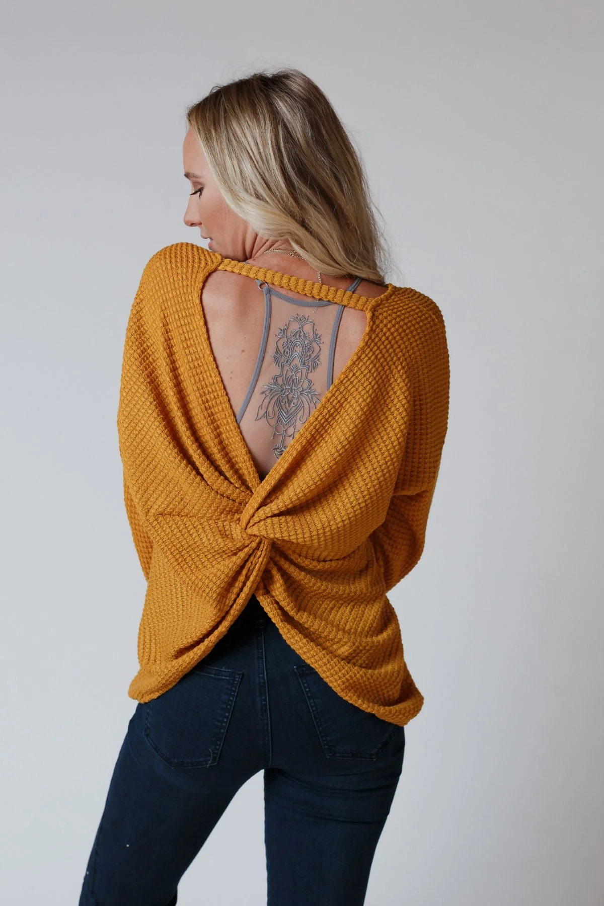 The Nest Flattering Open Back Thermal Knit Top - Mustard - Image 3