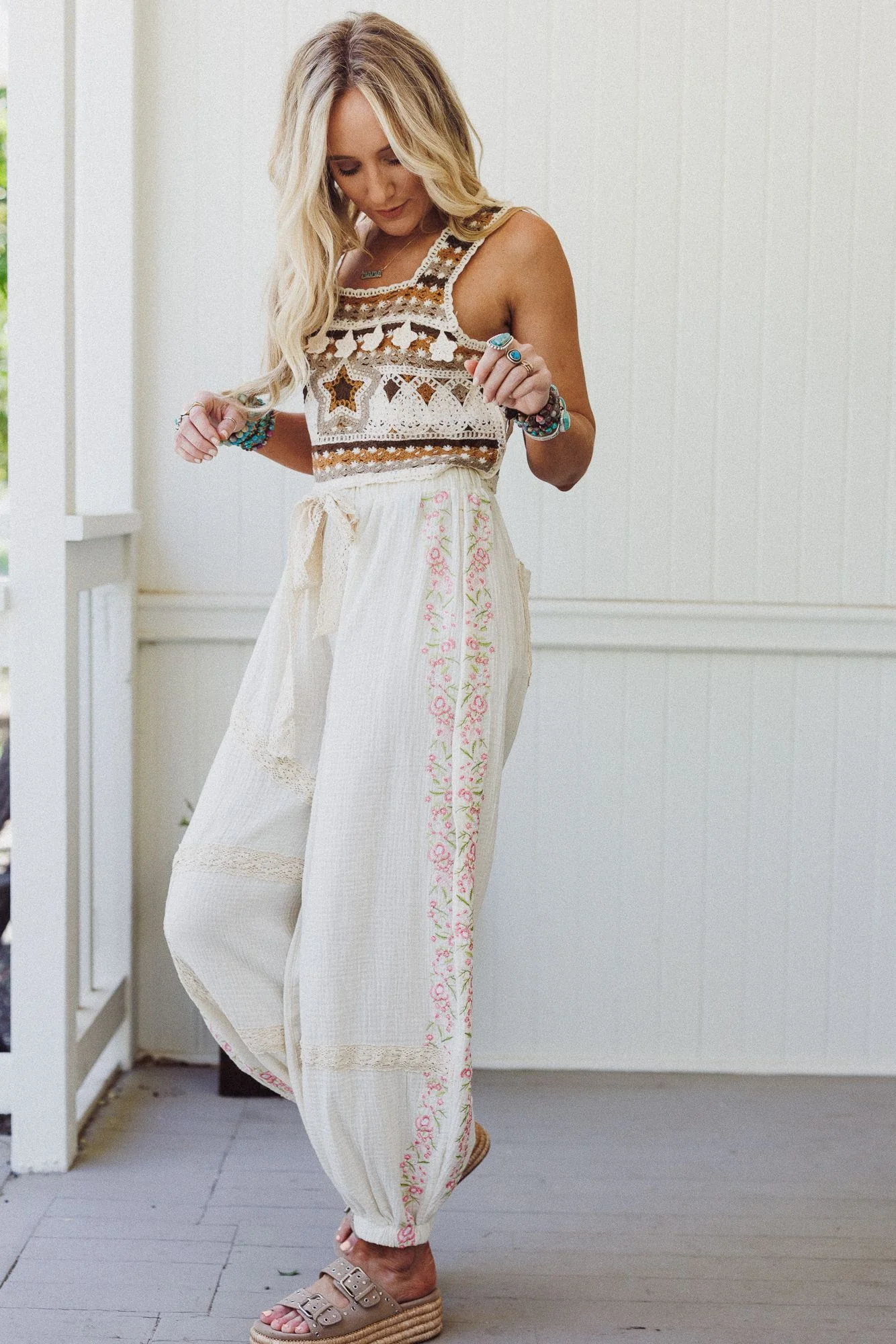 Floral Drift Embroidered Pants - Natural - Image 3