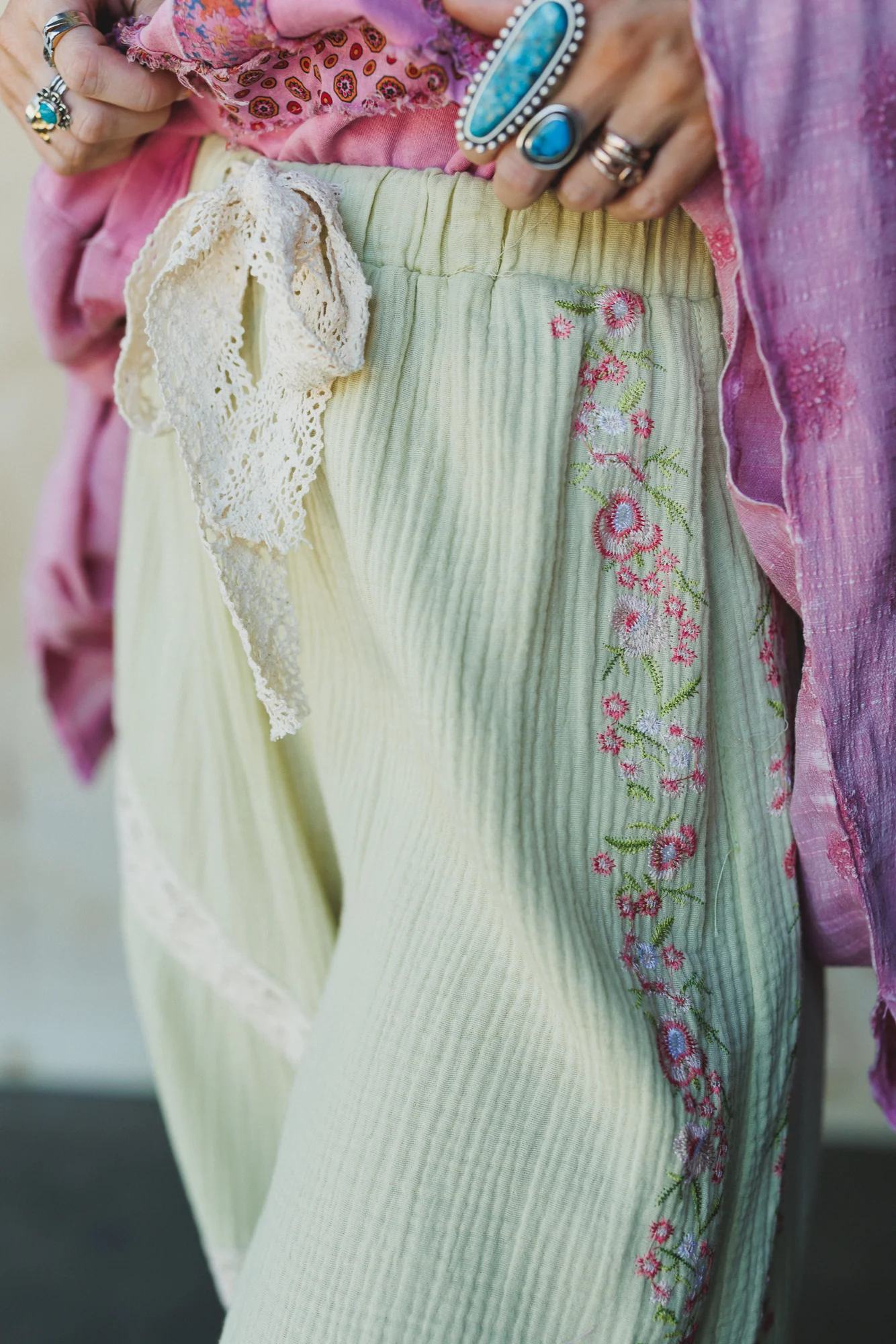 Floral Drift Embroidered Pants - Sage - Image 2