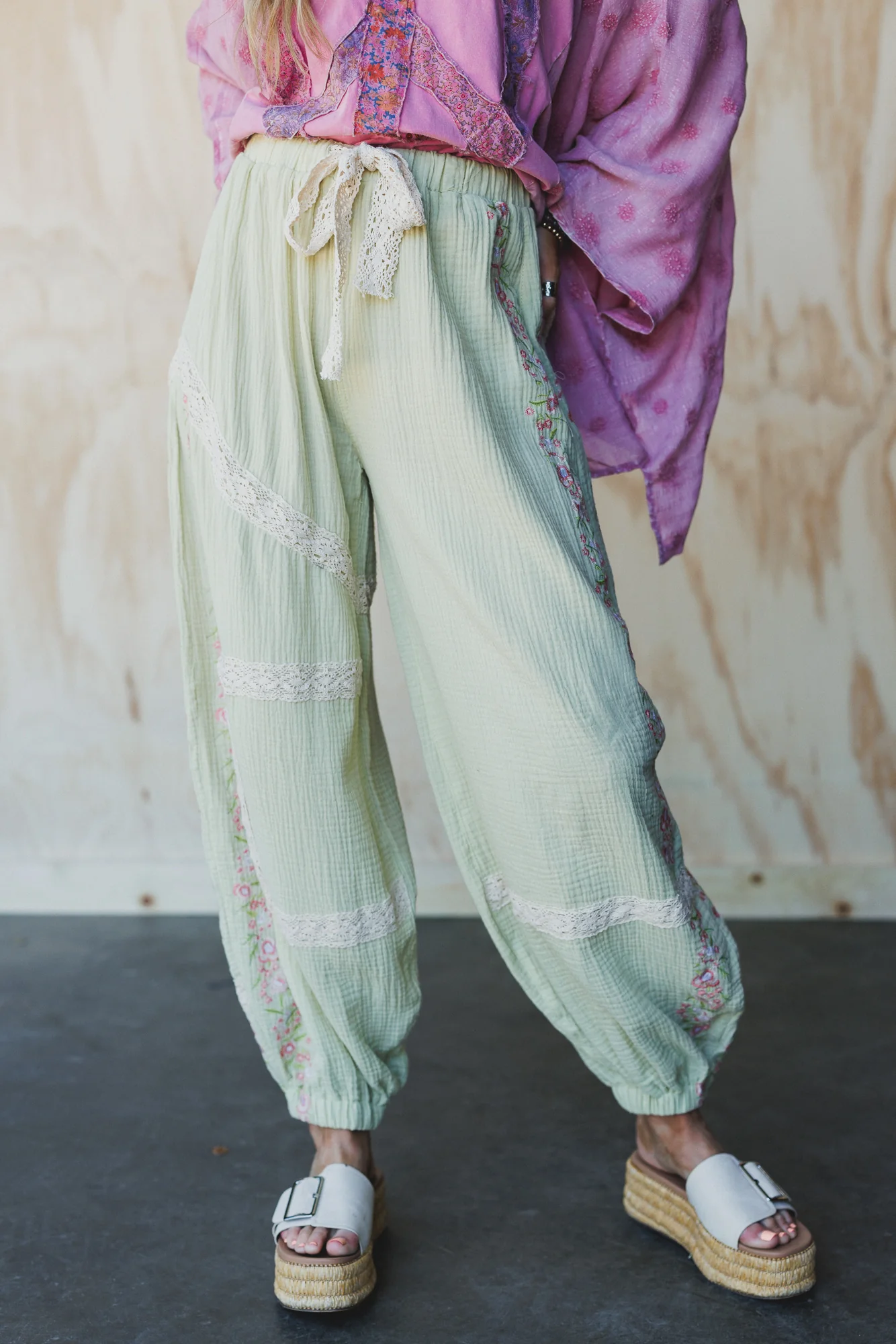 Floral Drift Embroidered Pants - Sage - Image 3