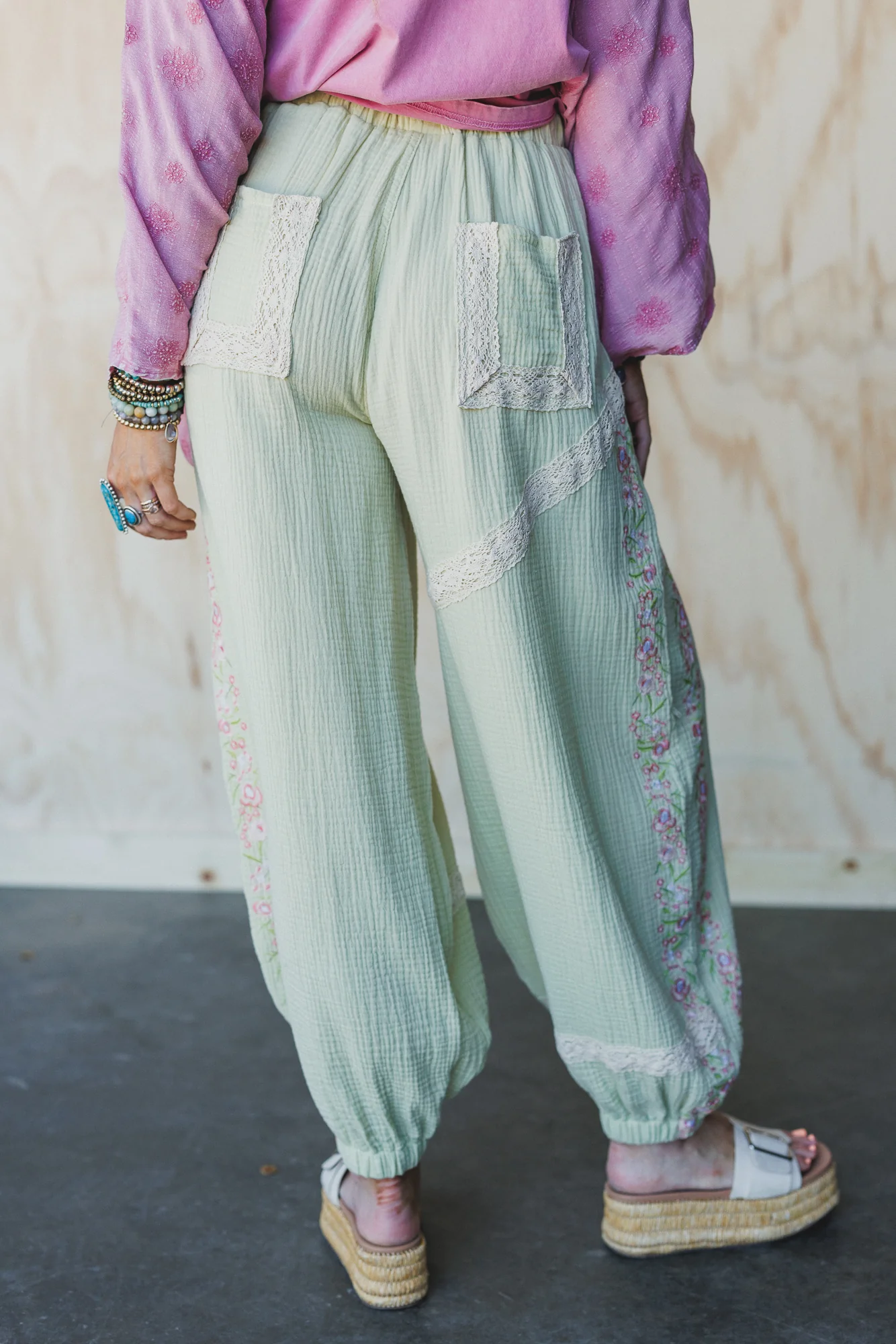 Floral Drift Embroidered Pants - Sage - Image 4