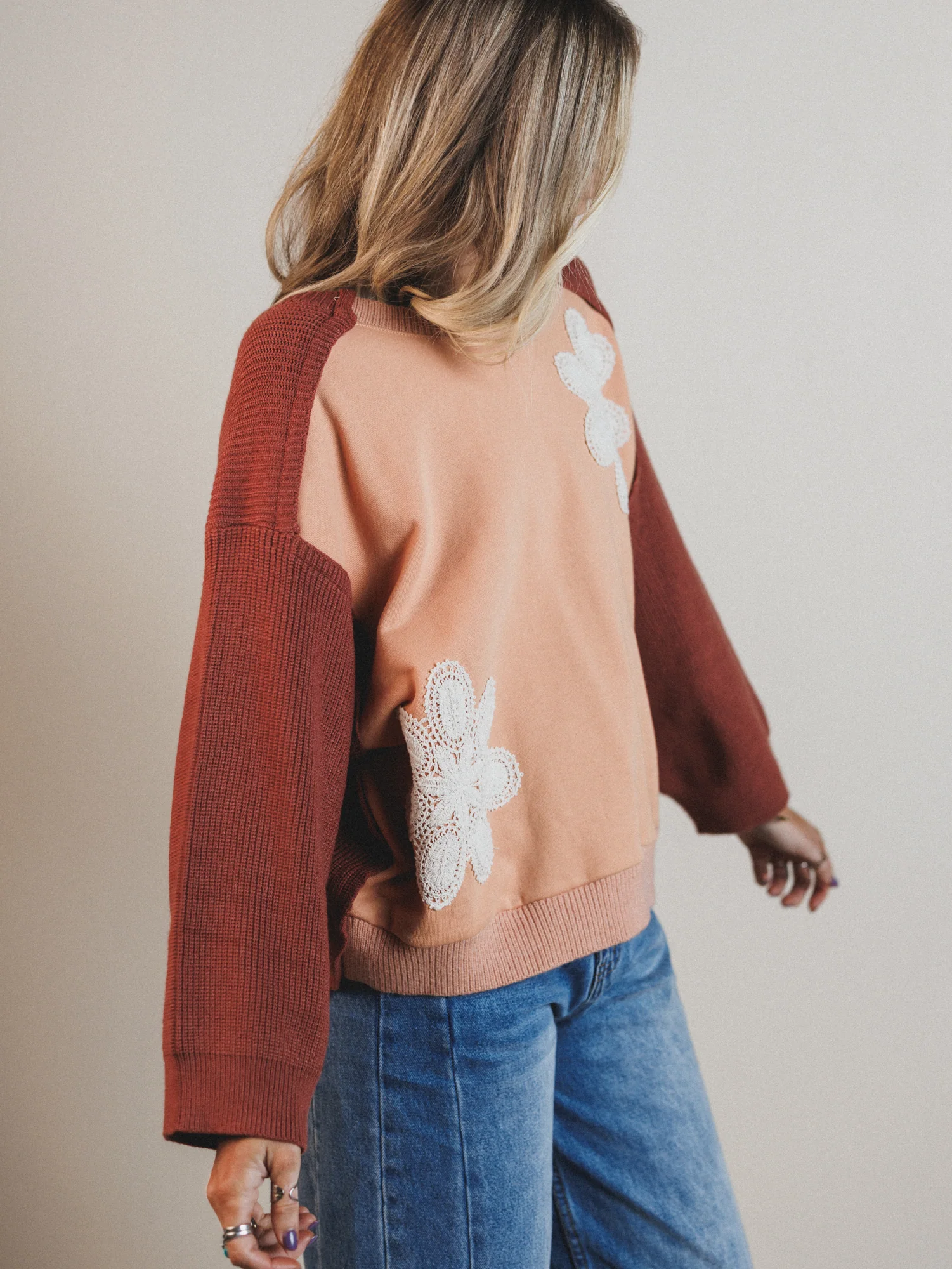 Floral Stitch Color Block Top - Peach - Image 2