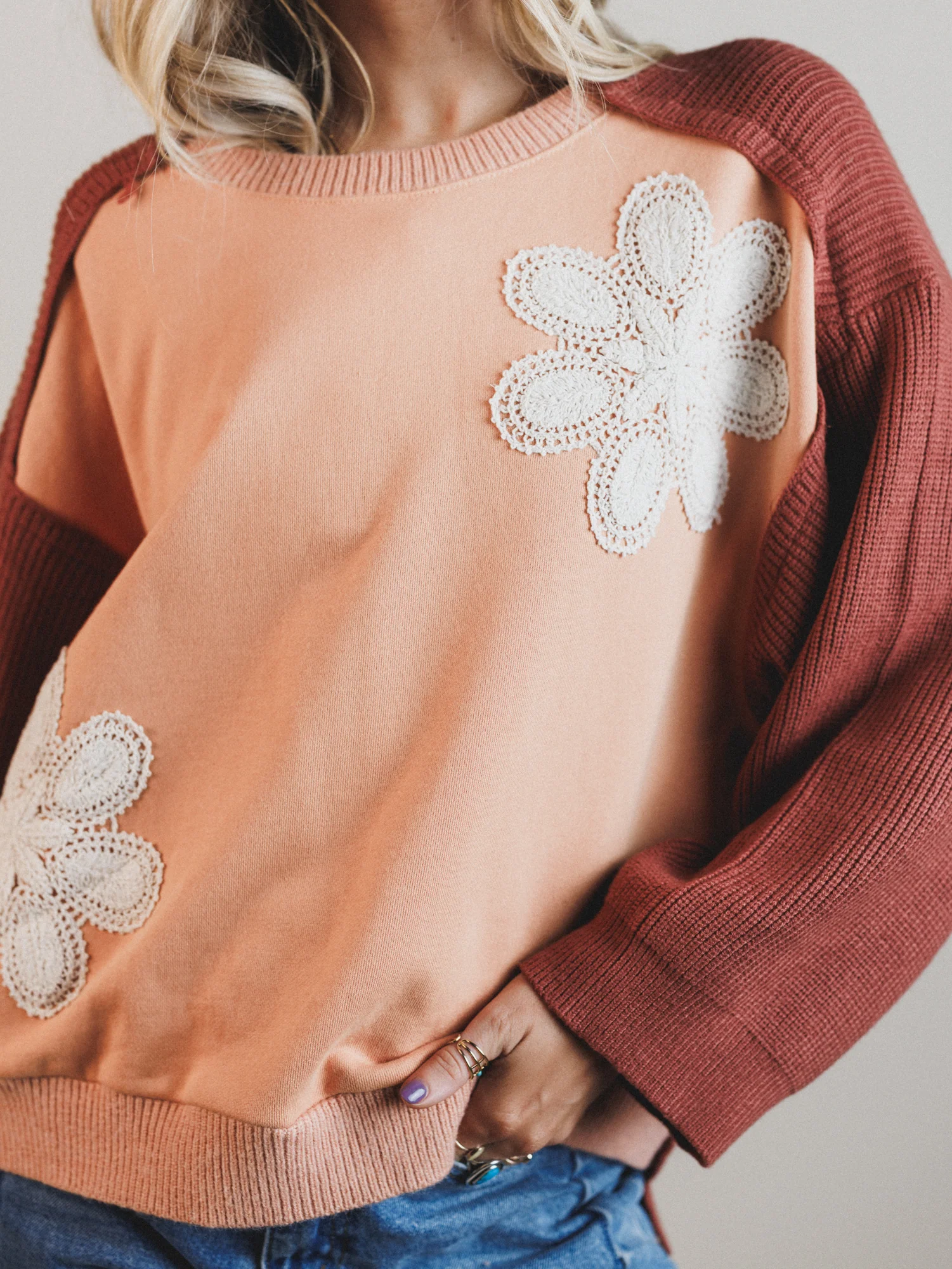 Floral Stitch Color Block Top - Peach - Image 3