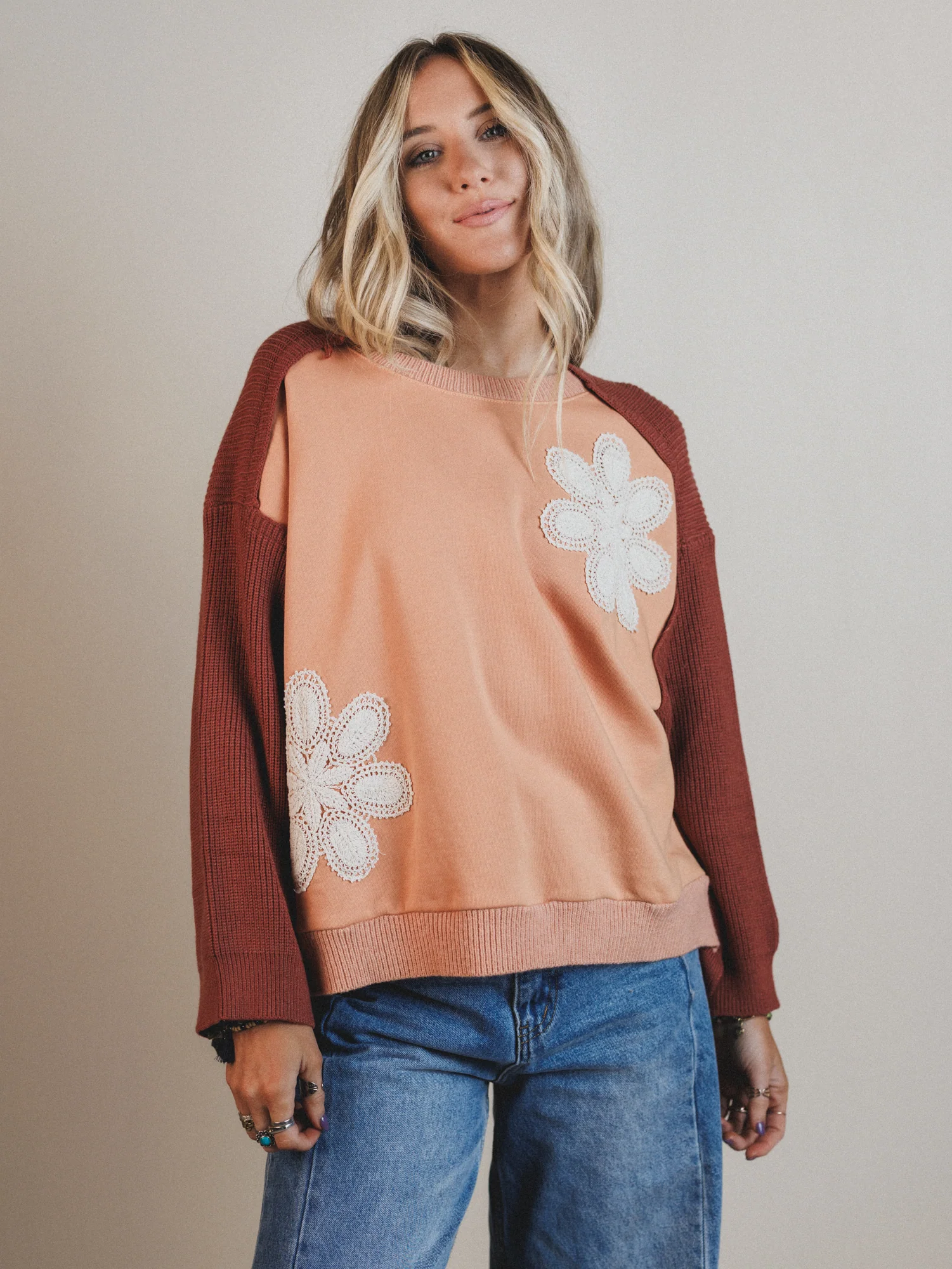 Floral Stitch Color Block Top - Peach - Image 4