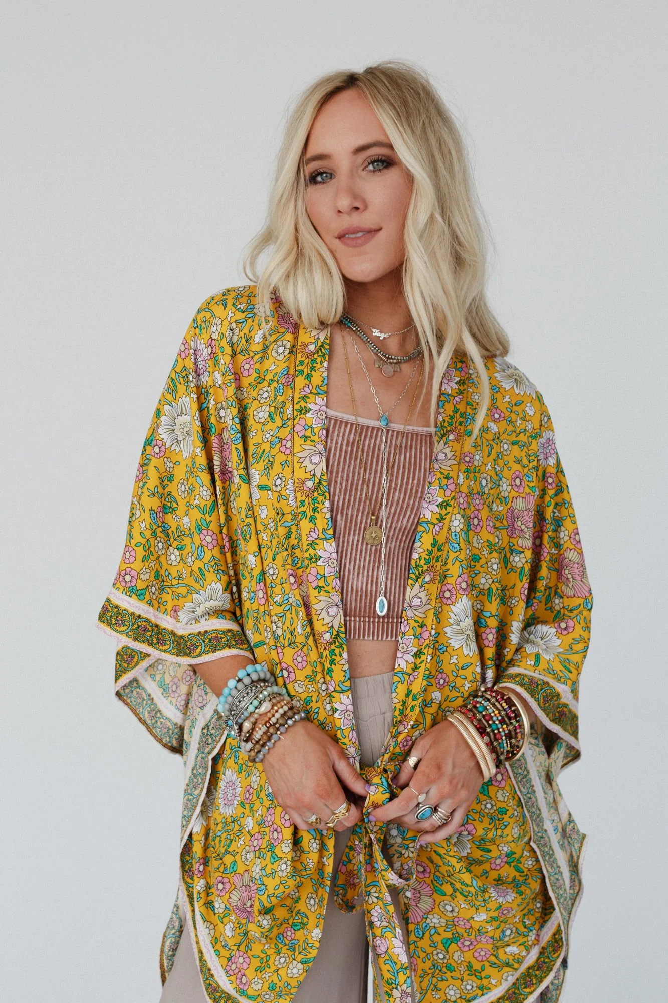 Flower Daze Front Tie Kimono - Mustard - Image 4