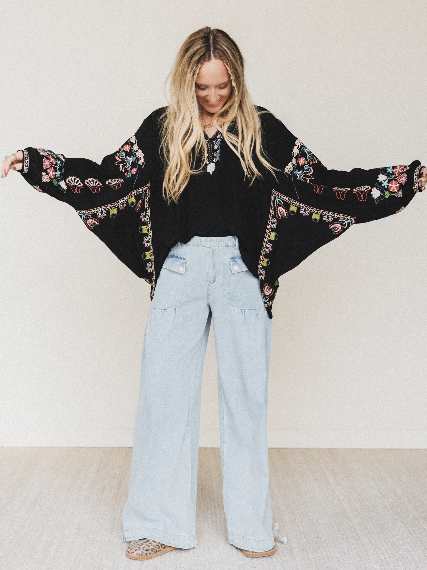 Frida Embroidered Dolman Sleeve Top - Black - Image 5
