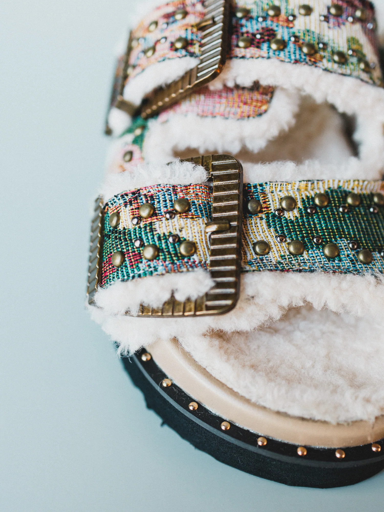 Gaylen Studded Buckle Fleece-lined Slides - Floral Tapestry - Image 3
