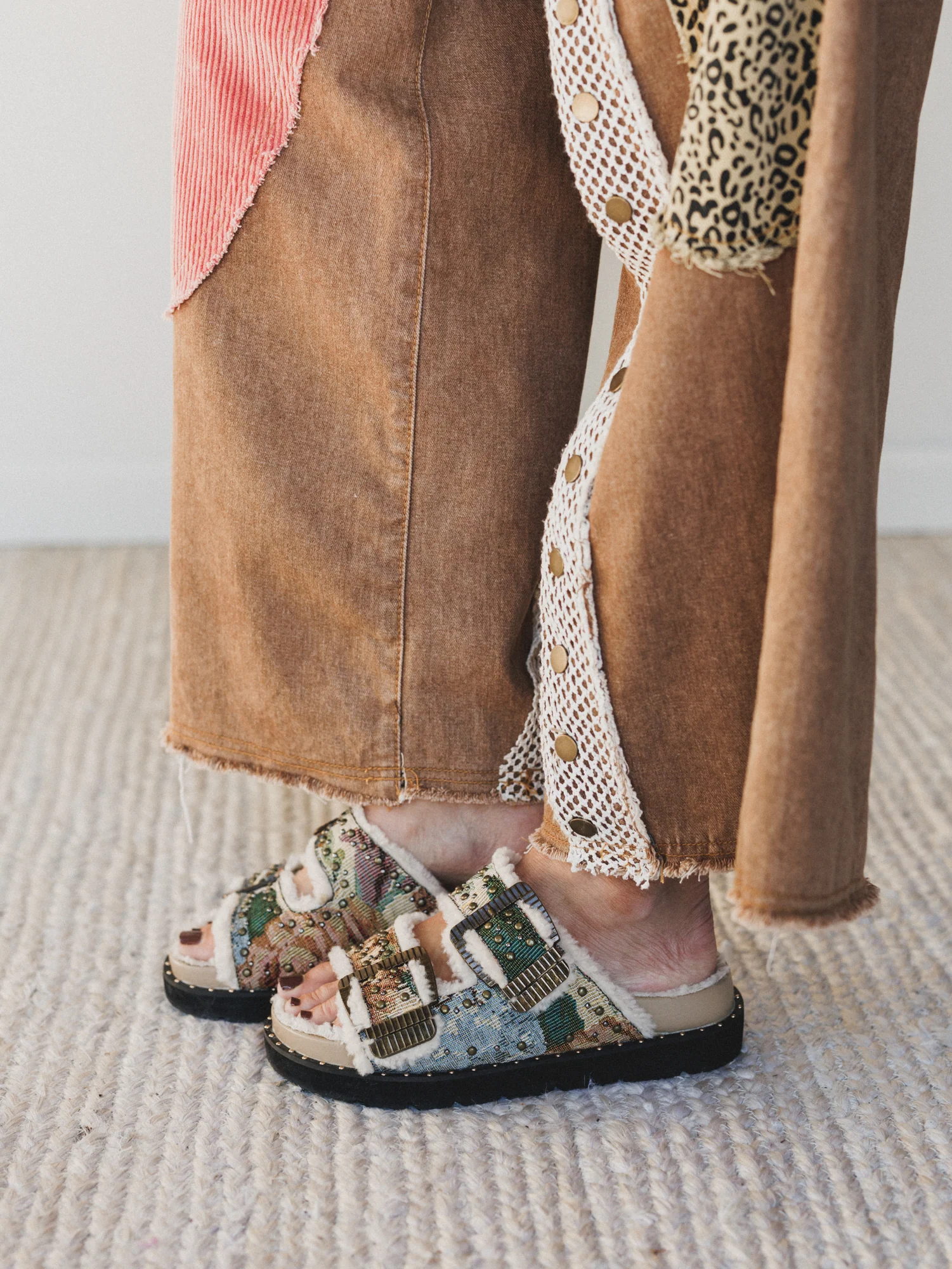 Gaylen Studded Buckle Fleece-lined Slides - Floral Tapestry - Image 4
