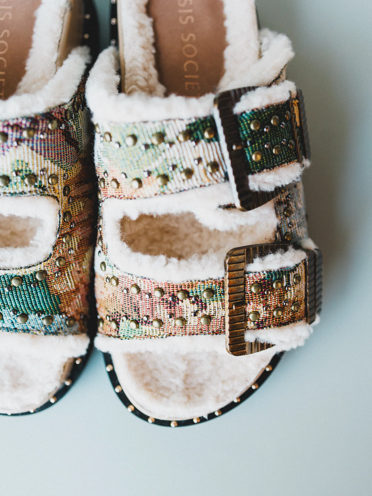 Gaylen Studded Buckle Fleece-lined Slides - Floral Tapestry - Image 5