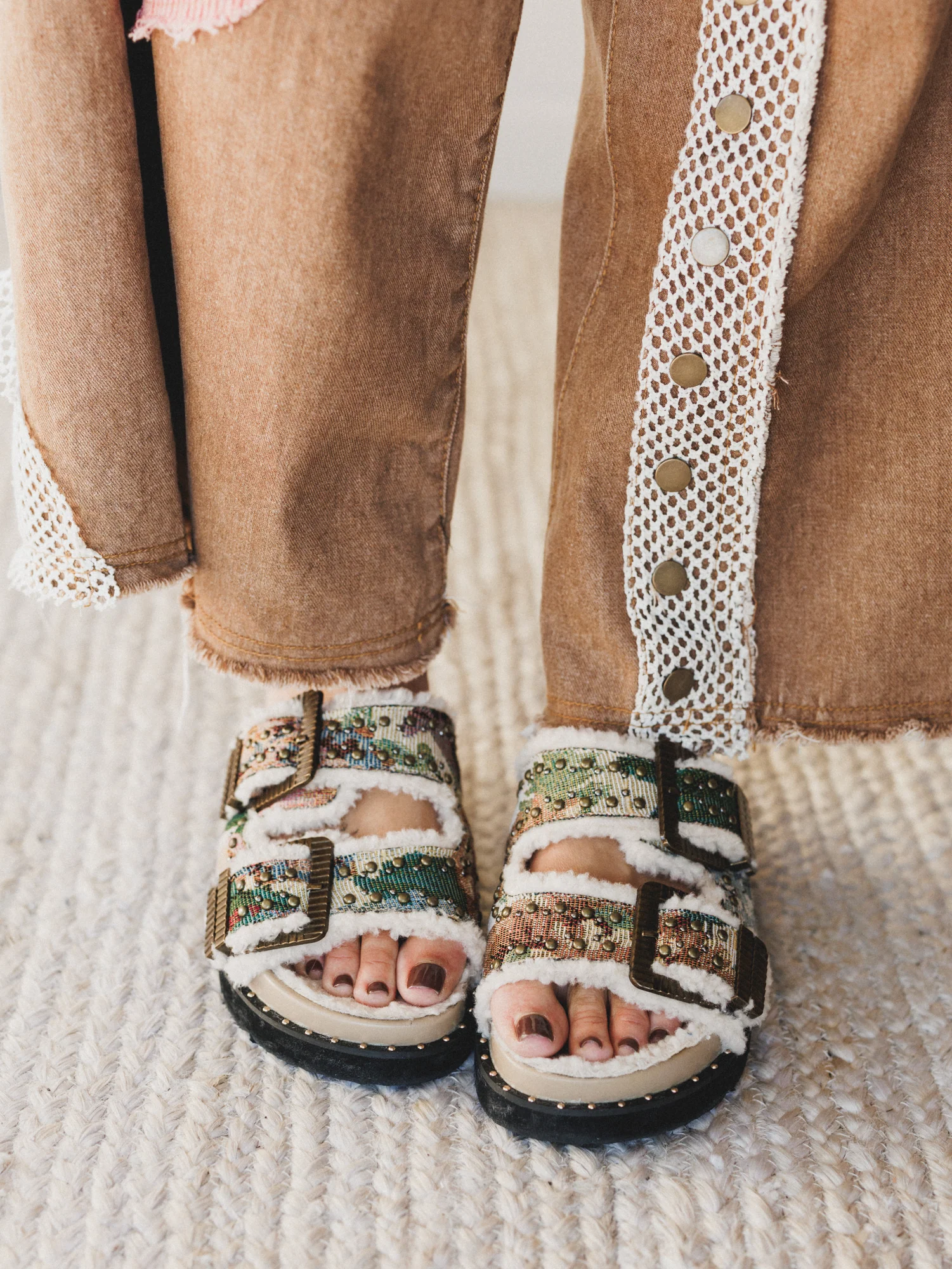 Gaylen Studded Buckle Fleece-lined Slides - Floral Tapestry - Image 6