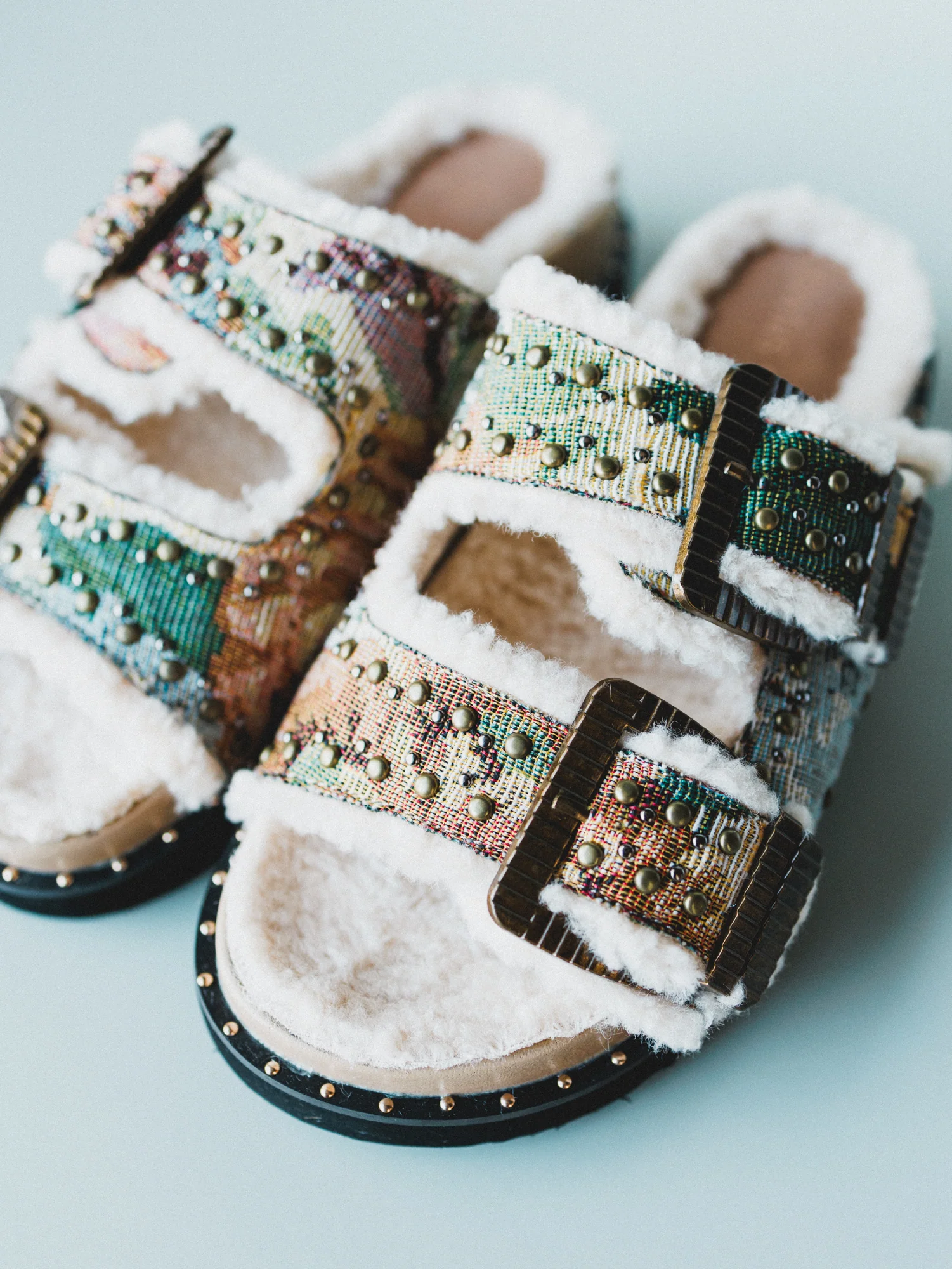 Gaylen Studded Buckle Fleece-lined Slides - Floral Tapestry - Pre Order
