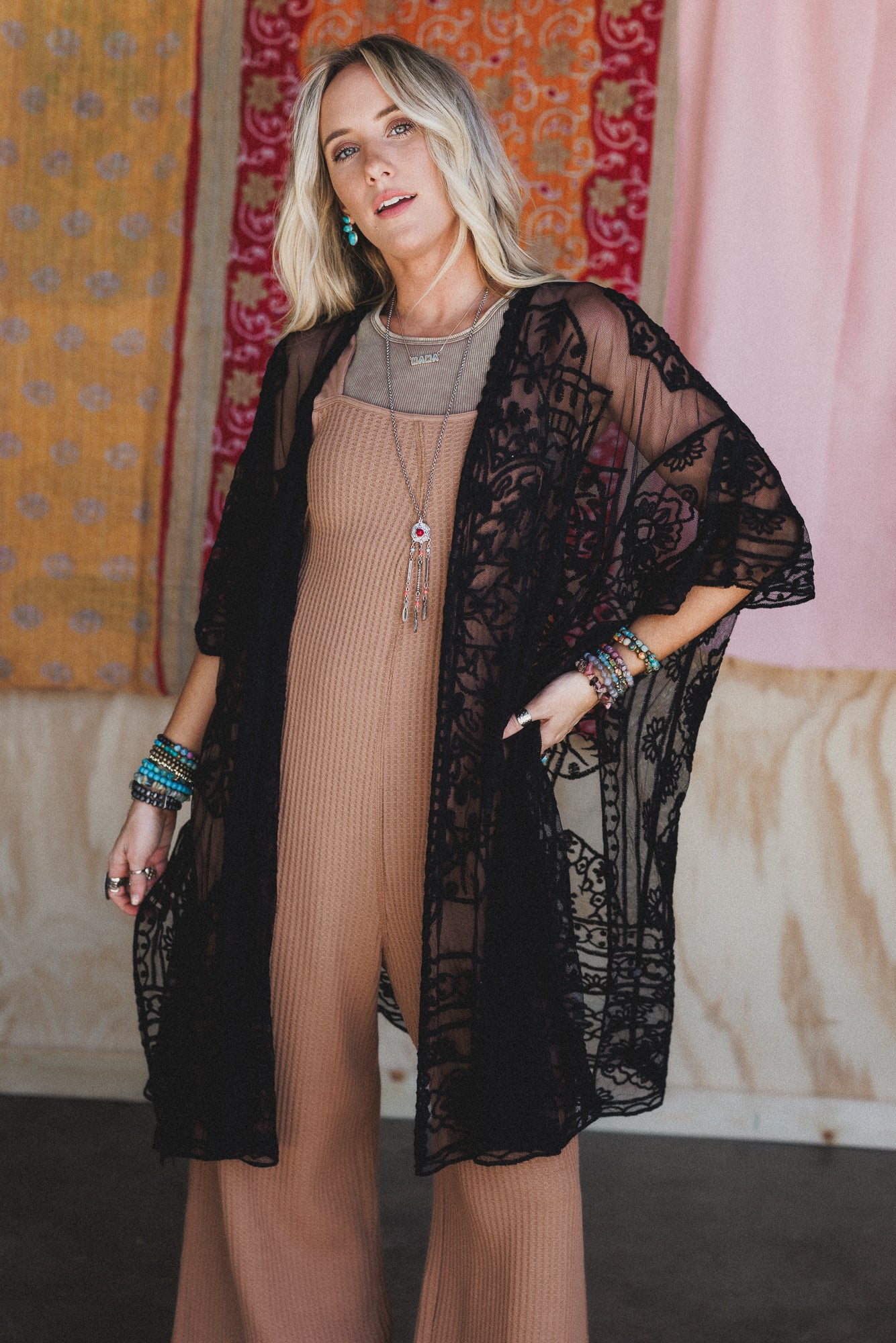 Go Wildflower Floral Embroidered Kimono - Black - Image 3
