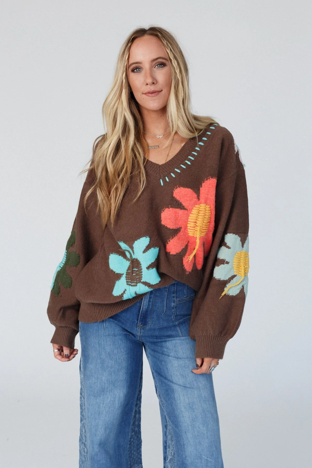 Good Mood Flower Print Sweater - Chocolate - Image 5