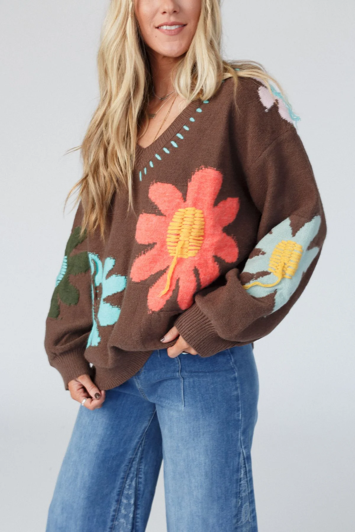 Good Mood Flower Print Sweater - Chocolate - Image 7