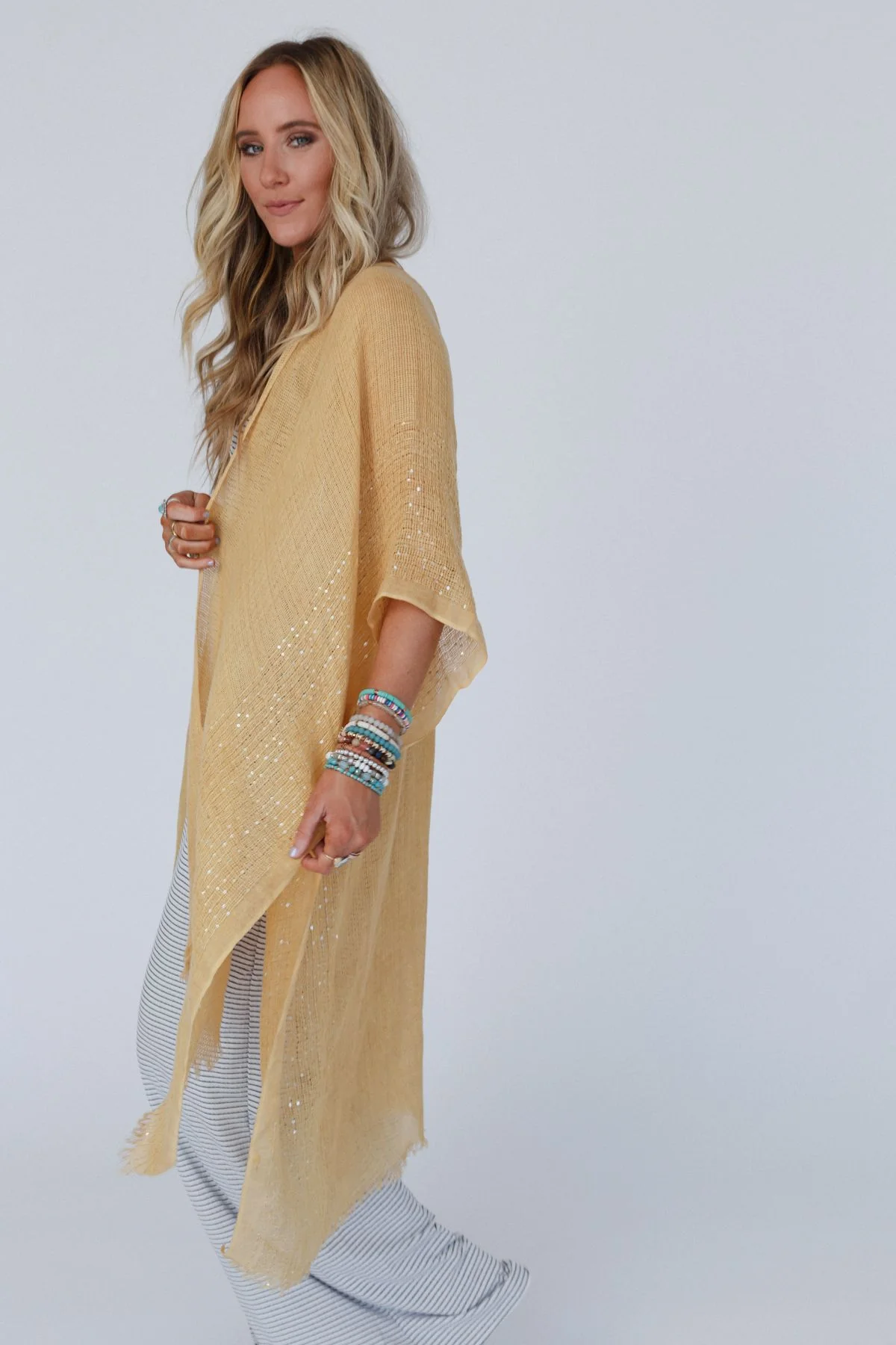 Mikka Sequin Frayed Trim Kimono - Mustard - Image 10