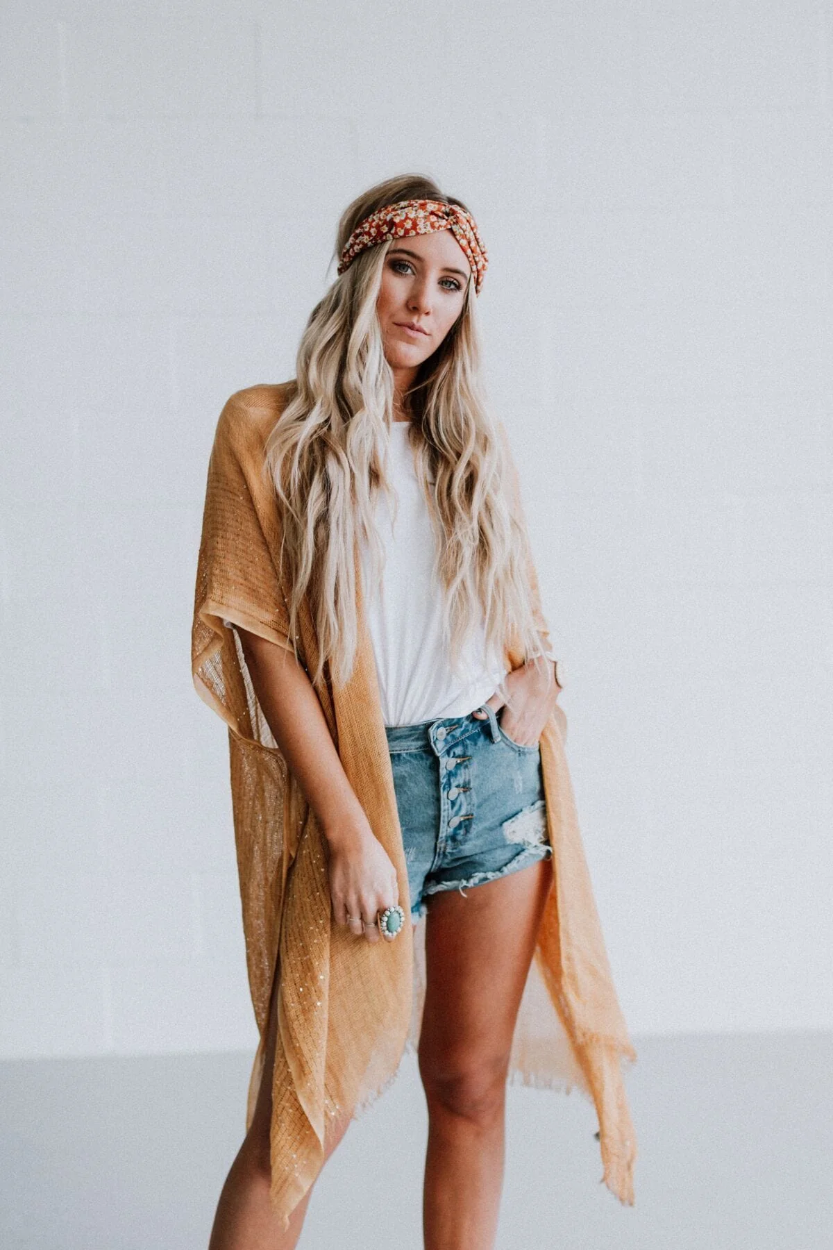 Mikka Sequin Frayed Trim Kimono - Mustard - Image 14