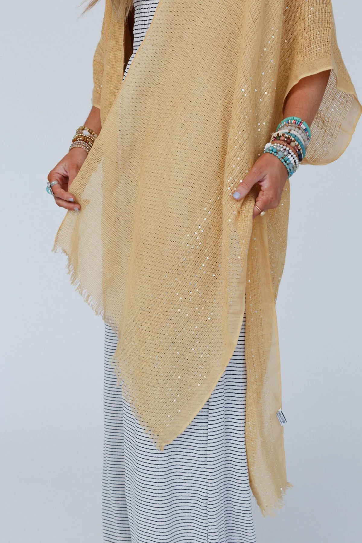 Mikka Sequin Frayed Trim Kimono - Mustard - Image 3