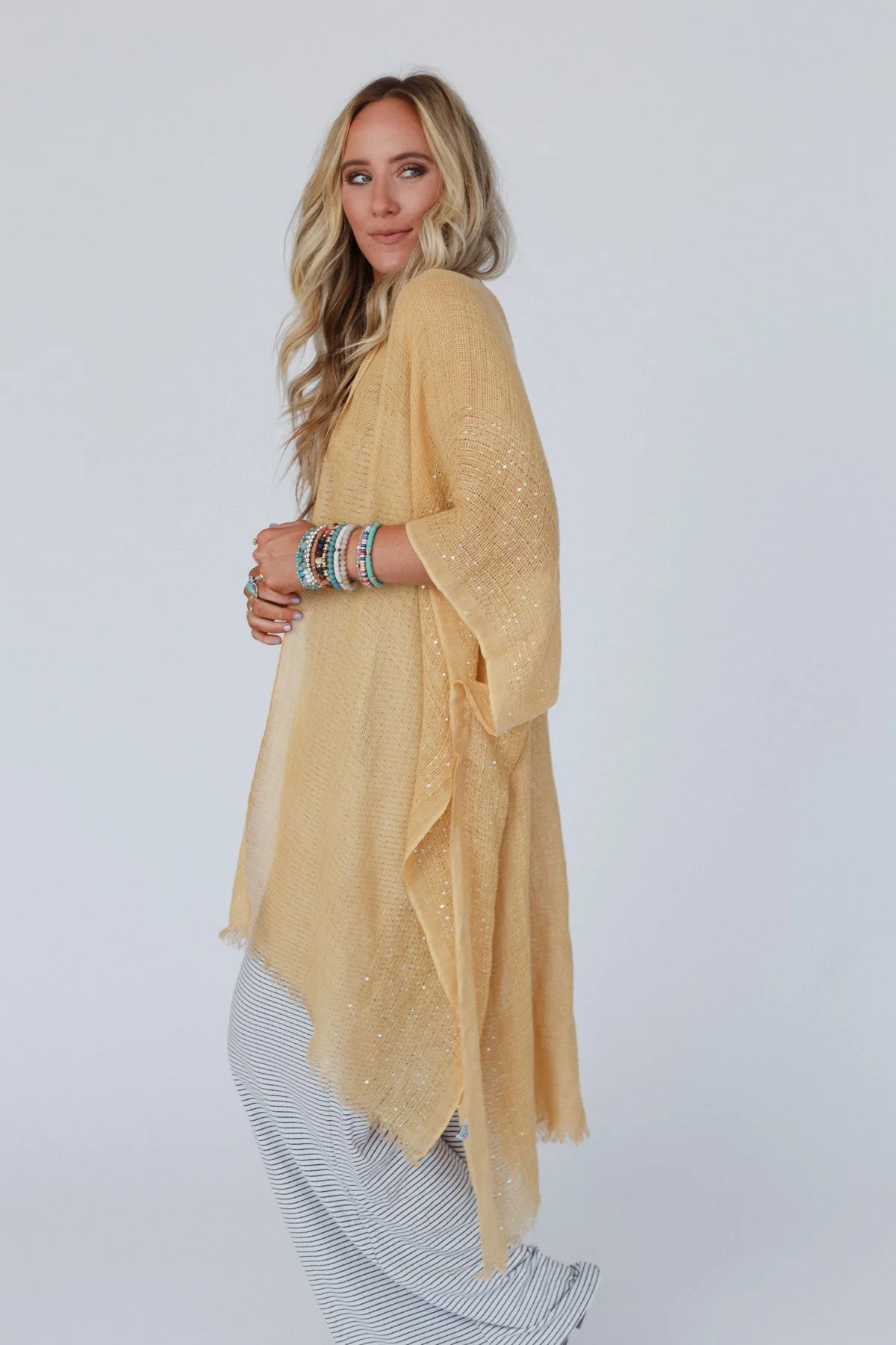 Mikka Sequin Frayed Trim Kimono - Mustard - Image 4