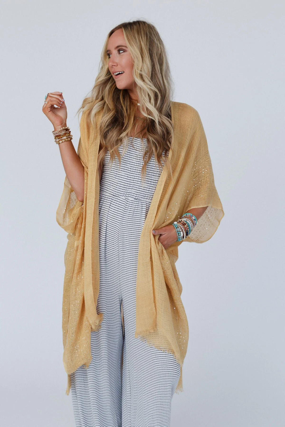 Mikka Sequin Frayed Trim Kimono - Mustard - Image 5