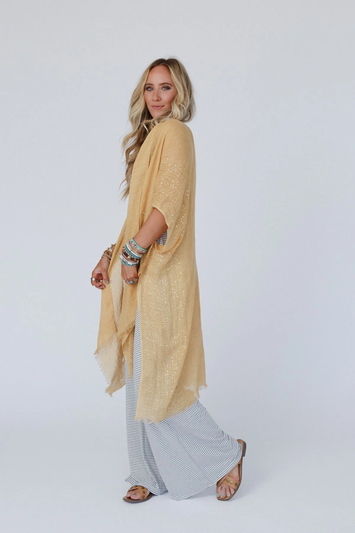Mikka Sequin Frayed Trim Kimono - Mustard - Image 7