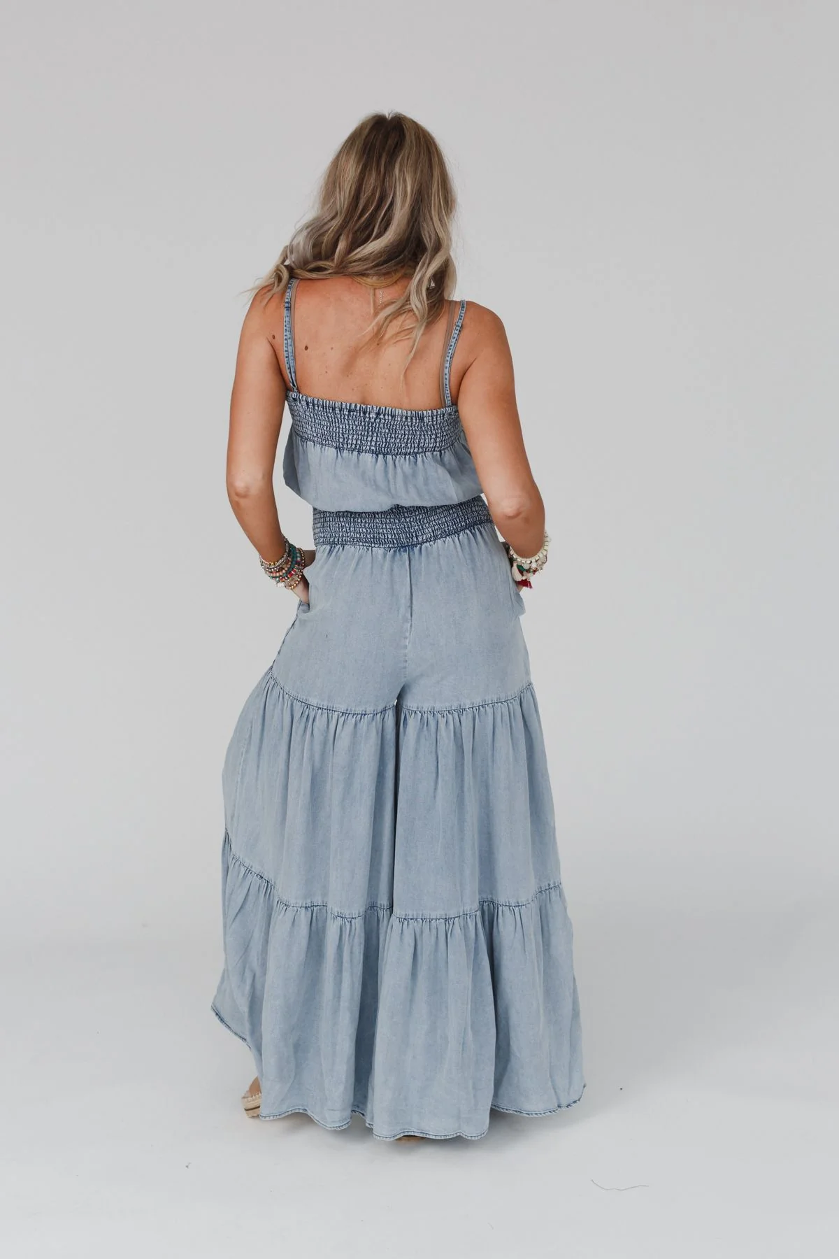 Harlow Wide Leg Chambray Jumpsuit - Blue - Image 3