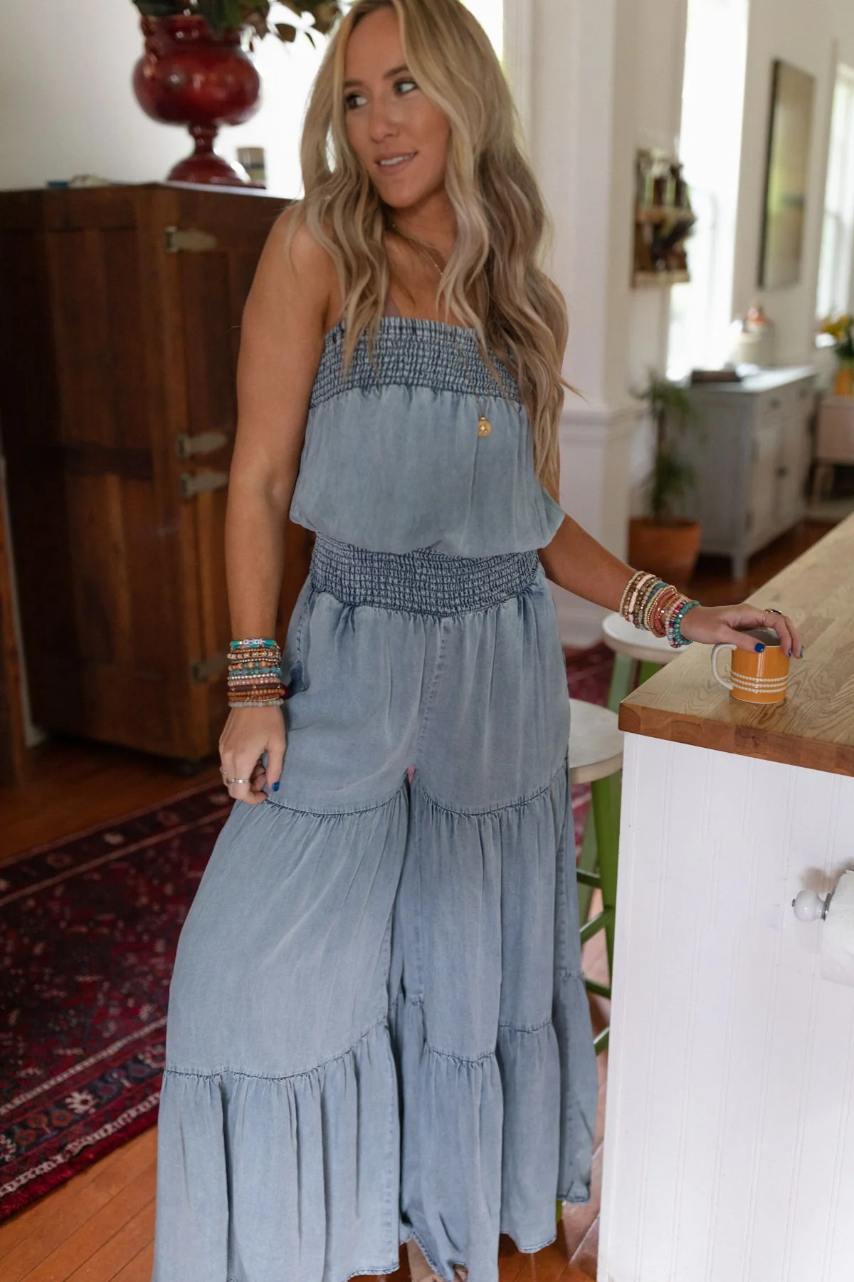 Harlow Wide Leg Chambray Jumpsuit - Blue - Image 8