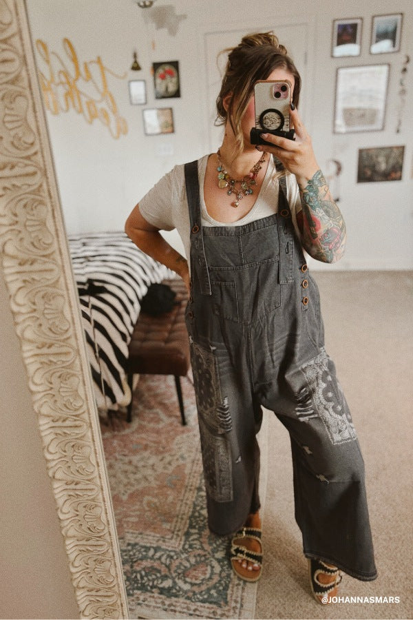 High Hopes Slouchy Denim Overalls - Black Bandana - Image 9