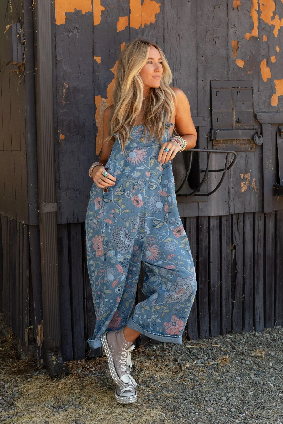 High Hopes Slouchy Denim Overalls - Floral Blue Denim - Image 6