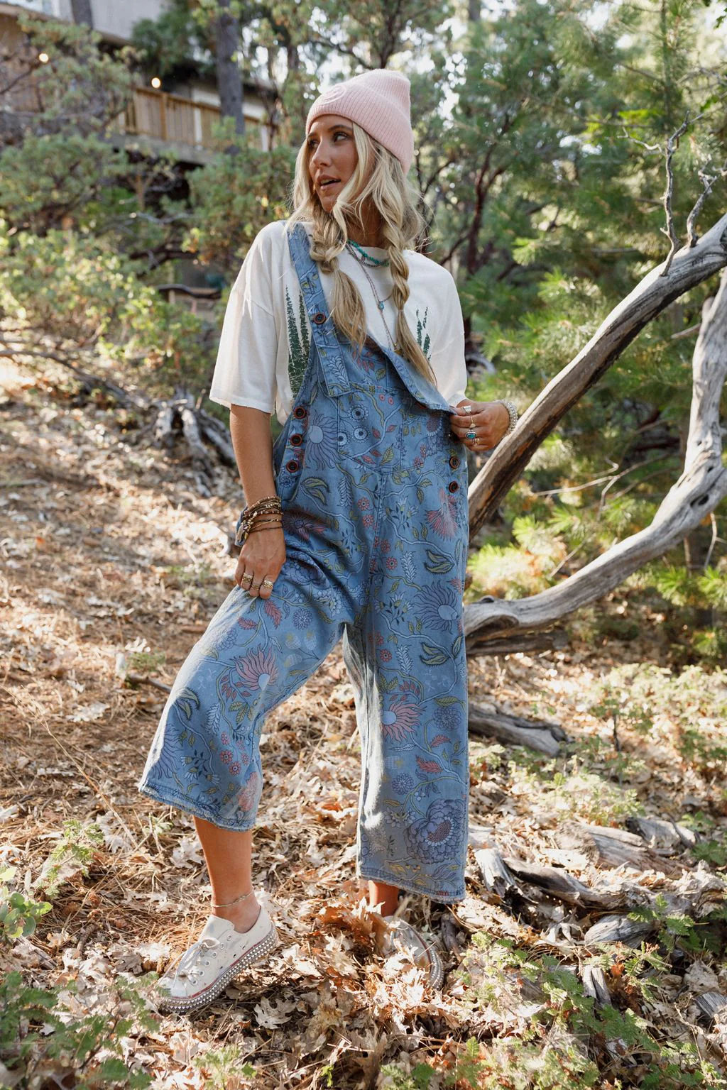High Hopes Slouchy Denim Overalls - Floral Blue Denim - Image 7