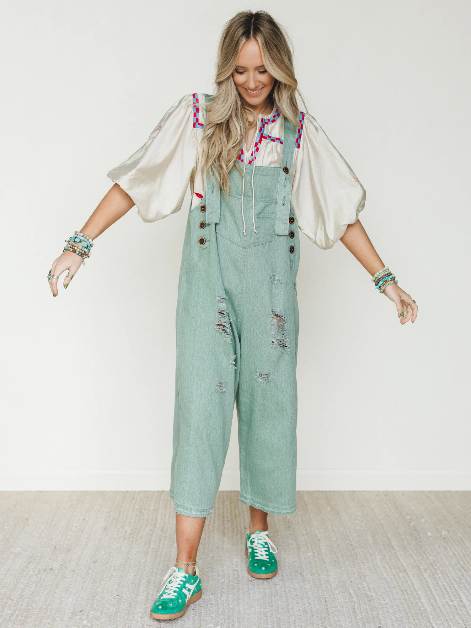 High Hopes Slouchy Denim Overalls - Sage - Image 2