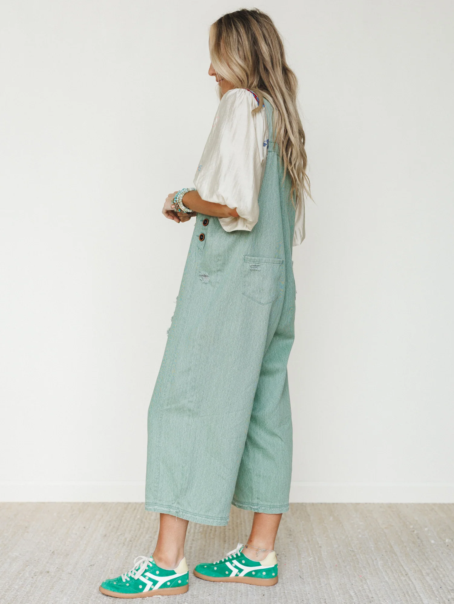 High Hopes Slouchy Denim Overalls - Sage - Image 4