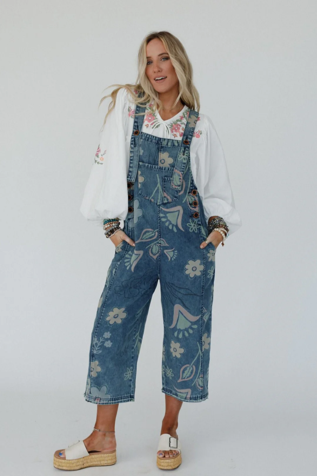 High Hopes Slouchy Pocket Denim Overalls - Blue Artsy Floral