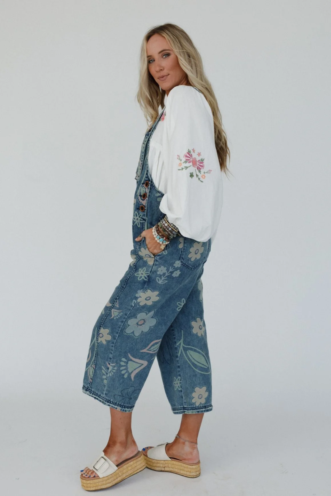 High Hopes Slouchy Pocket Denim Overalls - Blue Artsy Floral - Image 3