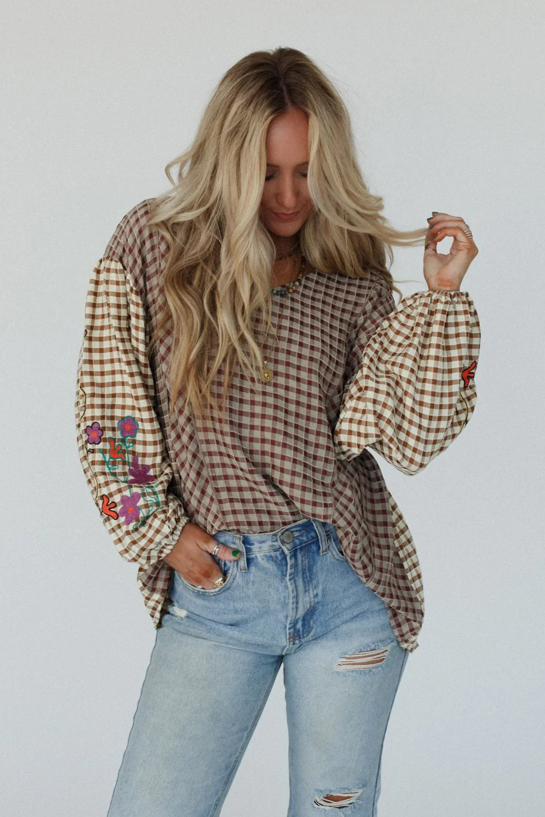 Homestead Plaid Floral Top - Mushroom - Image 3