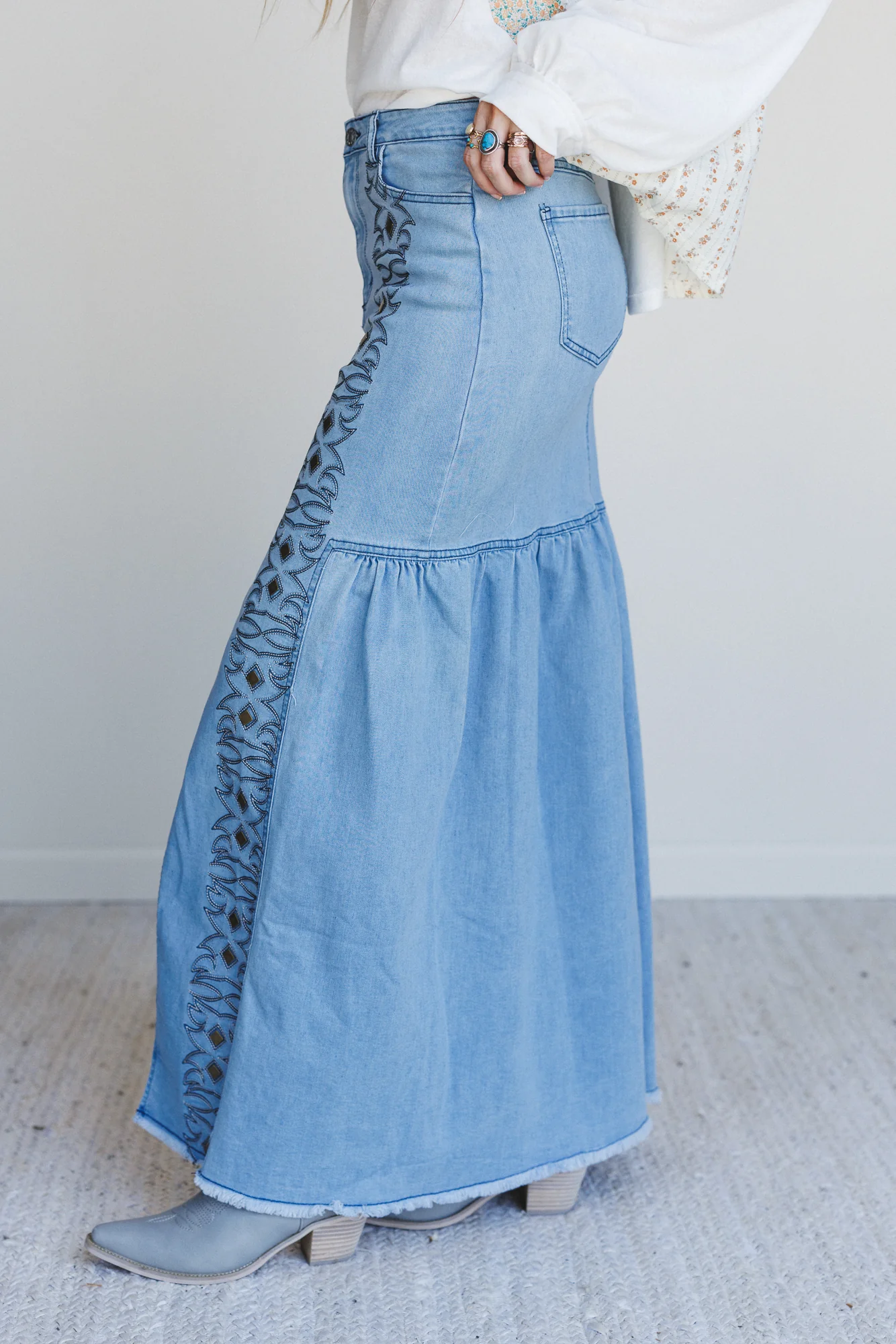 Honey Dust Denim Maxi Skirt - Light Wash - Image 3
