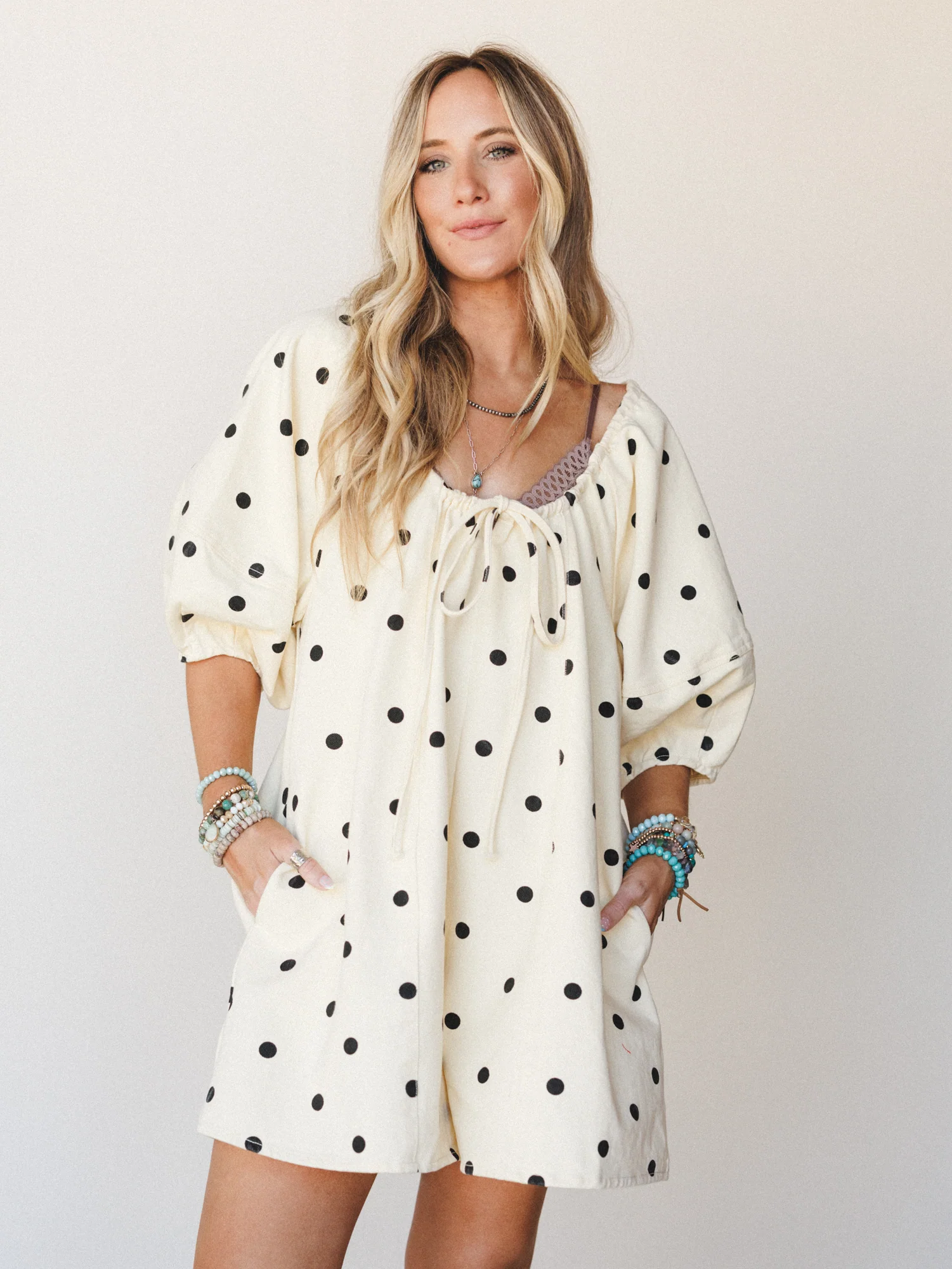 Honey Flower Polka Dot Romper - Light Yellow Black - Image 4
