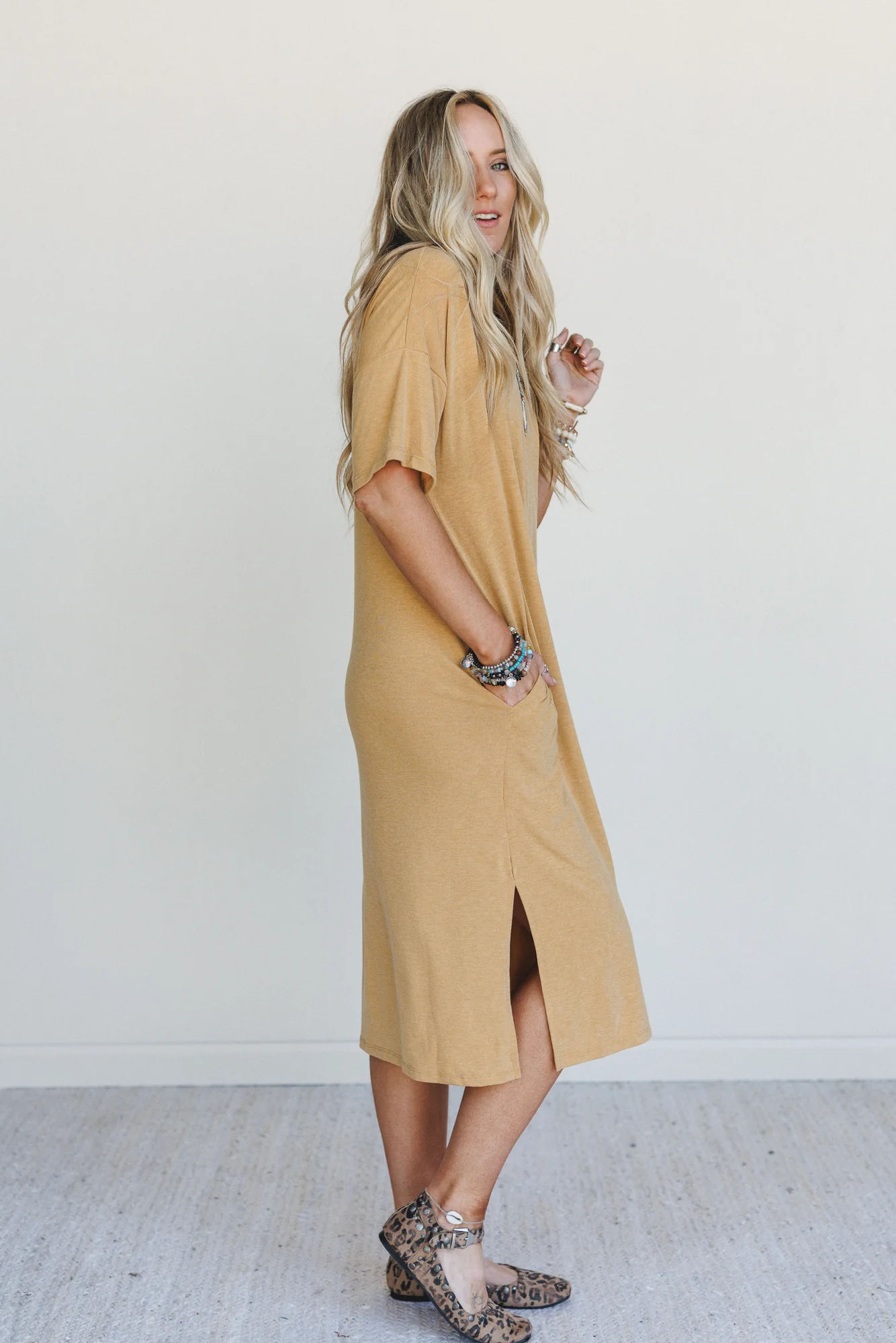 Hushed Glow Slit Midi Dress - Mustard - Image 2