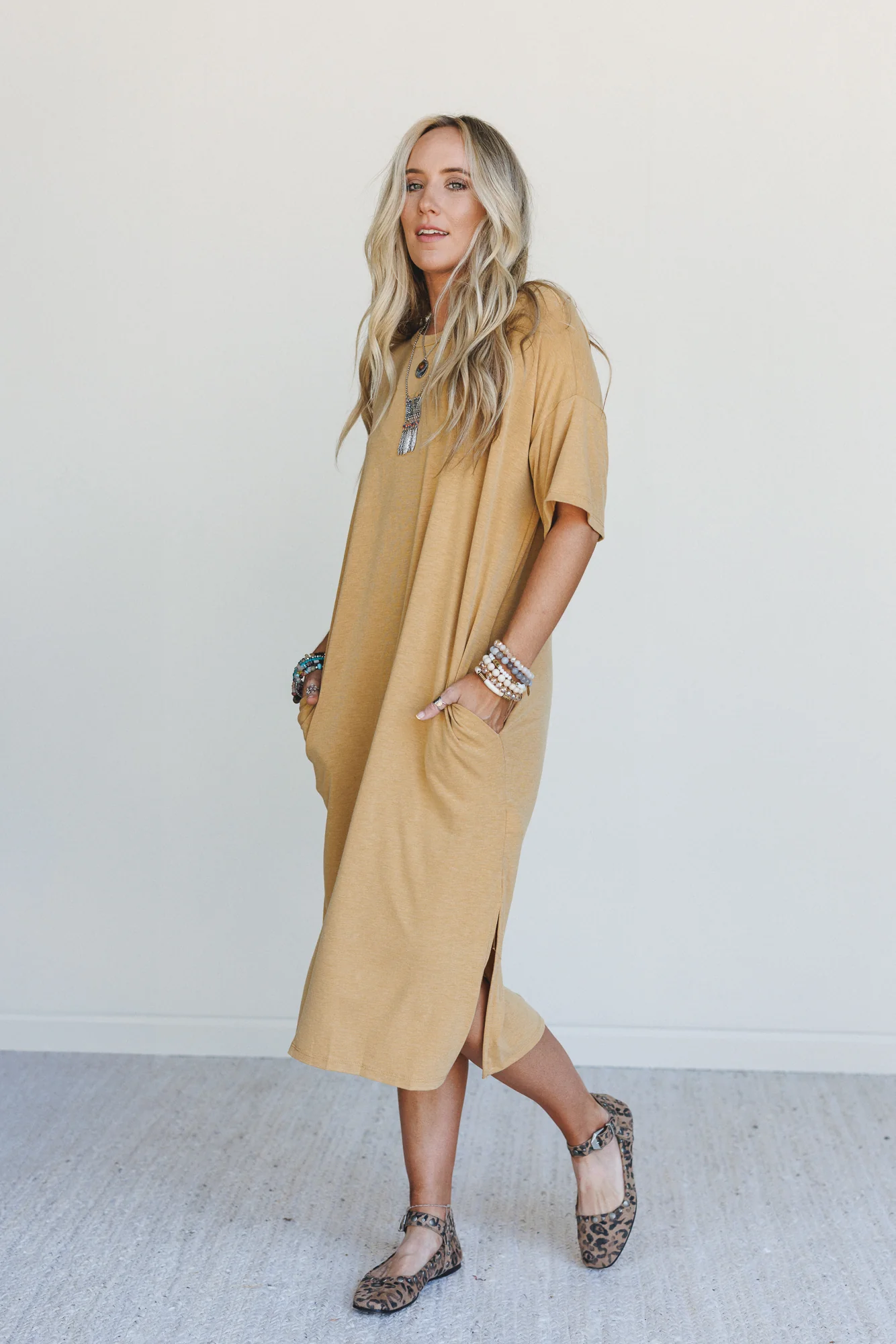 Hushed Glow Slit Midi Dress - Mustard